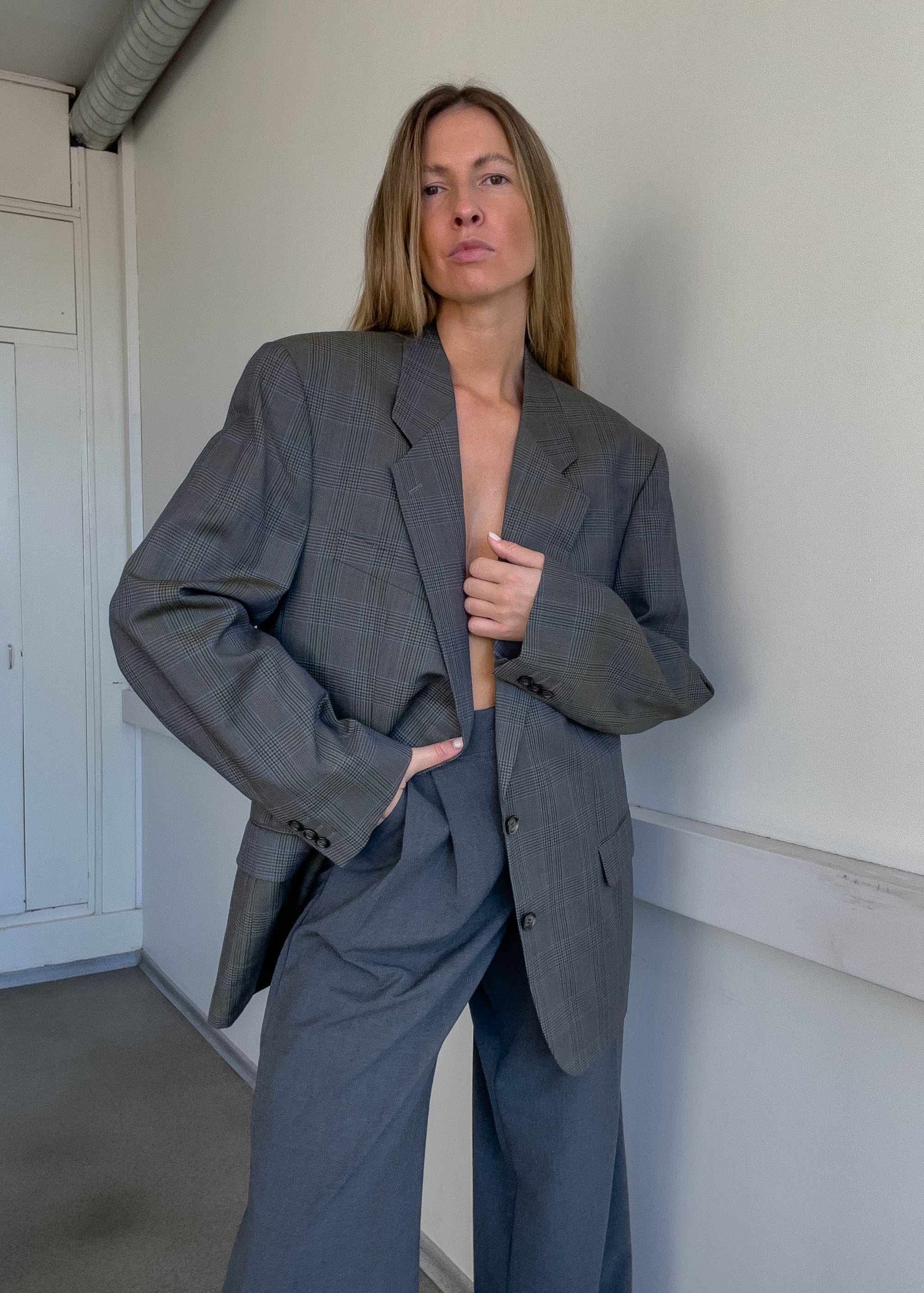 Vintage Green Checked Oversized Blazer