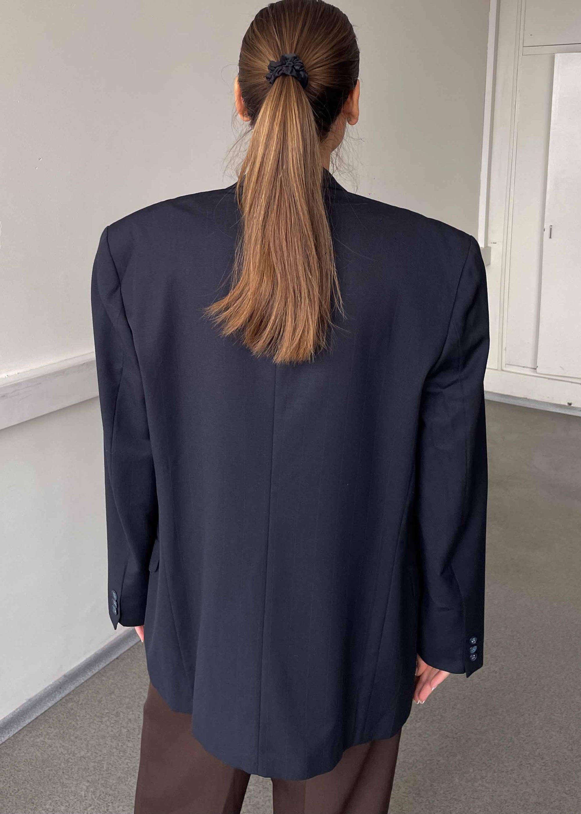 Vintage Navy Blue Stripe Patterned Oversized Double Breasted Blazer