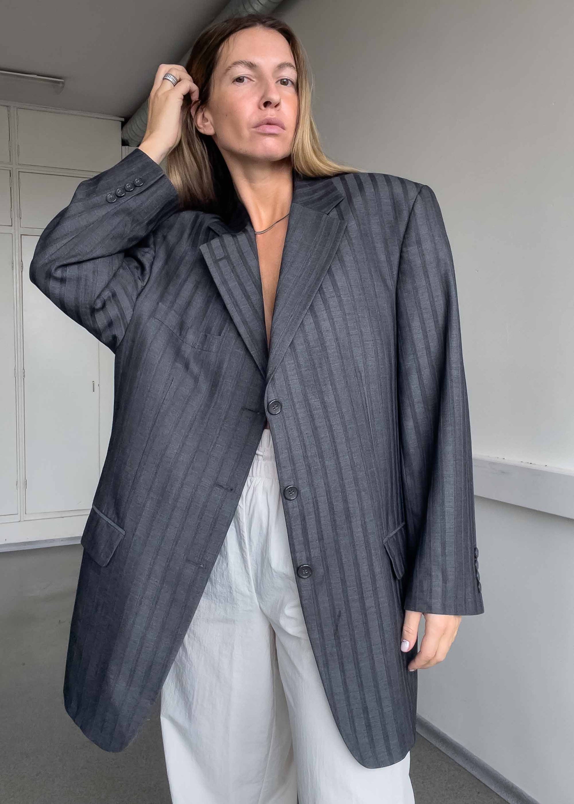 Vintage Grey Stripy Oversized Blazer