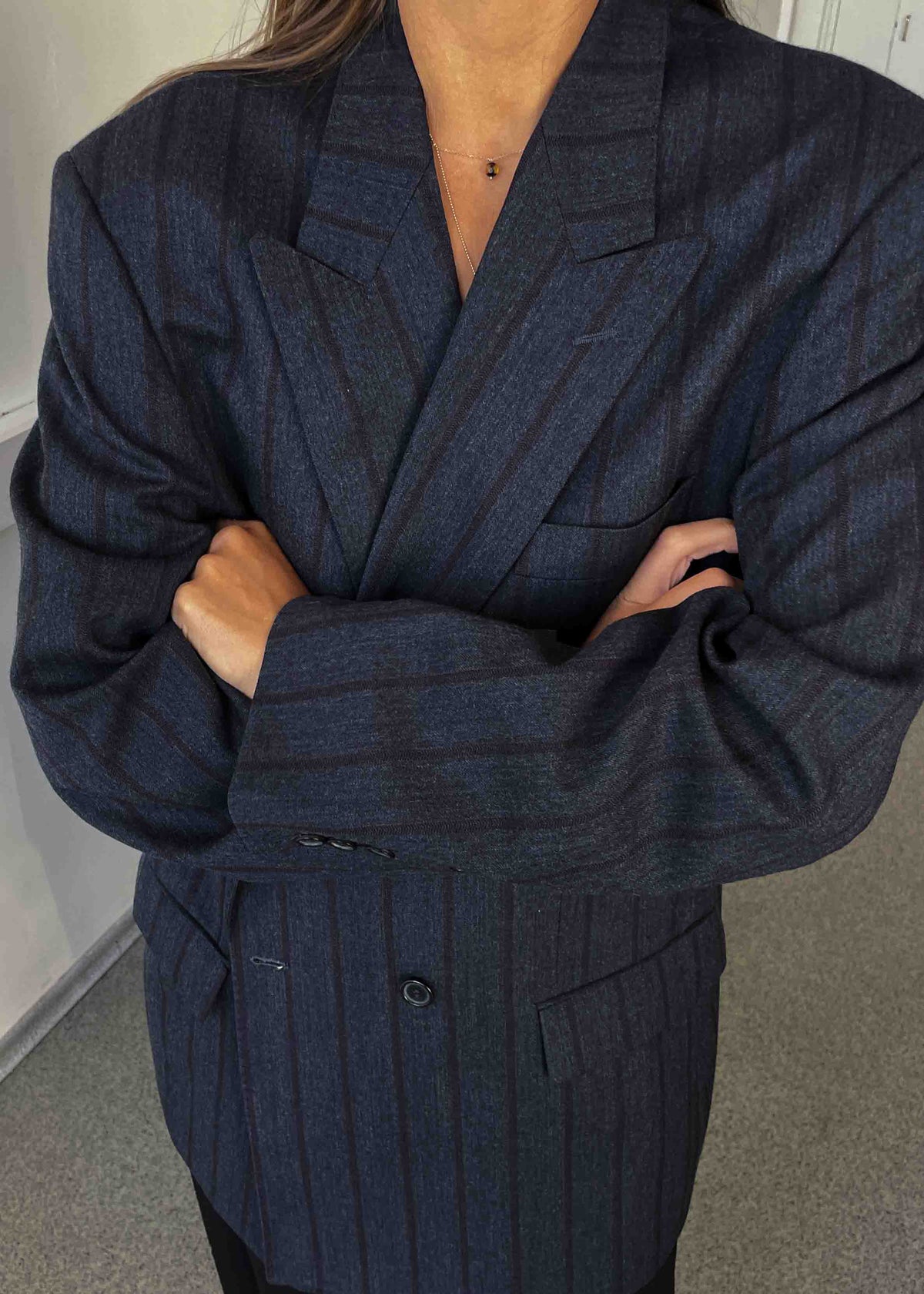 Vintage Grey Striped Oversized Double Breasted Blazer