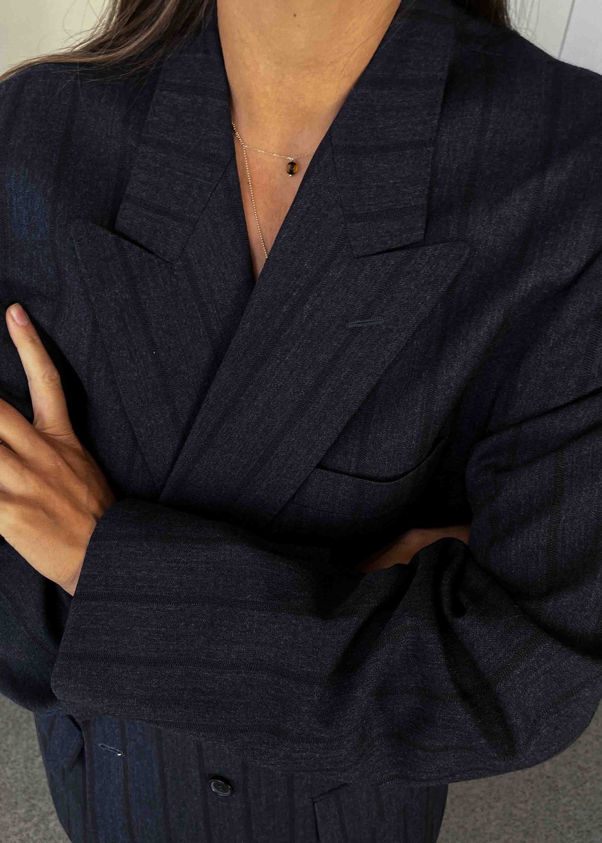 Vintage Grey Striped Oversized Double Breasted Blazer