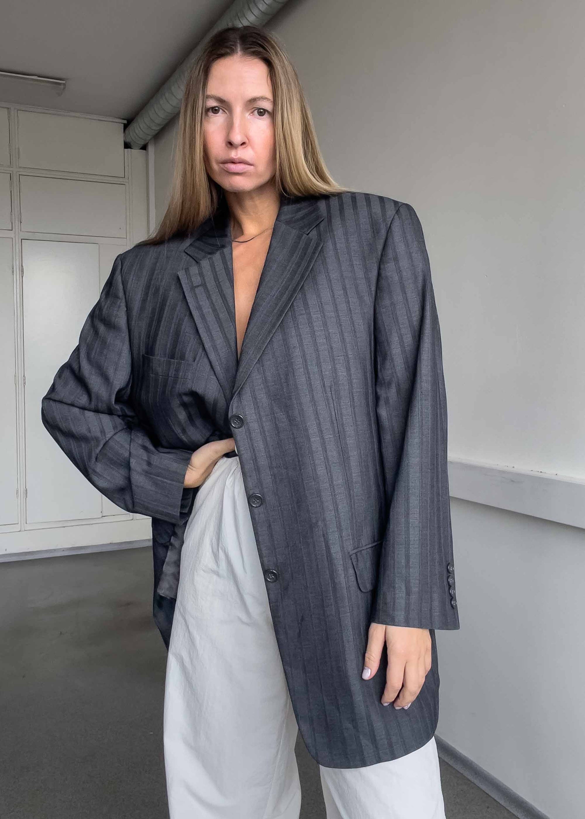 Vintage Grey Stripy Oversized Blazer