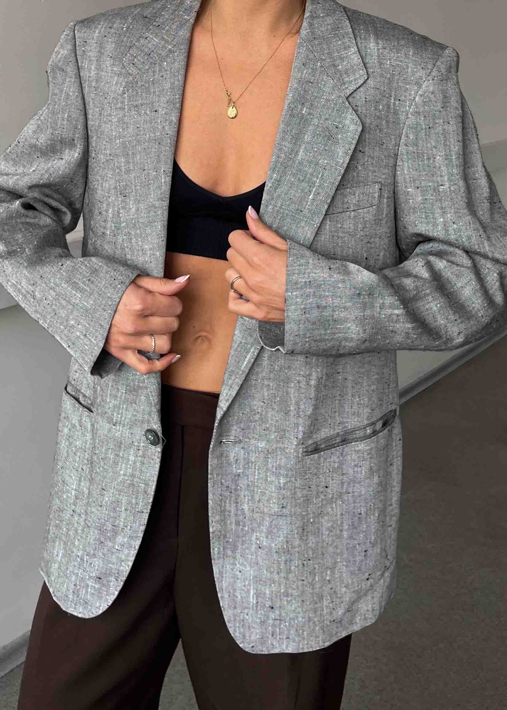 Vintage Grey Patterned Linen Blend Oversized Blazer