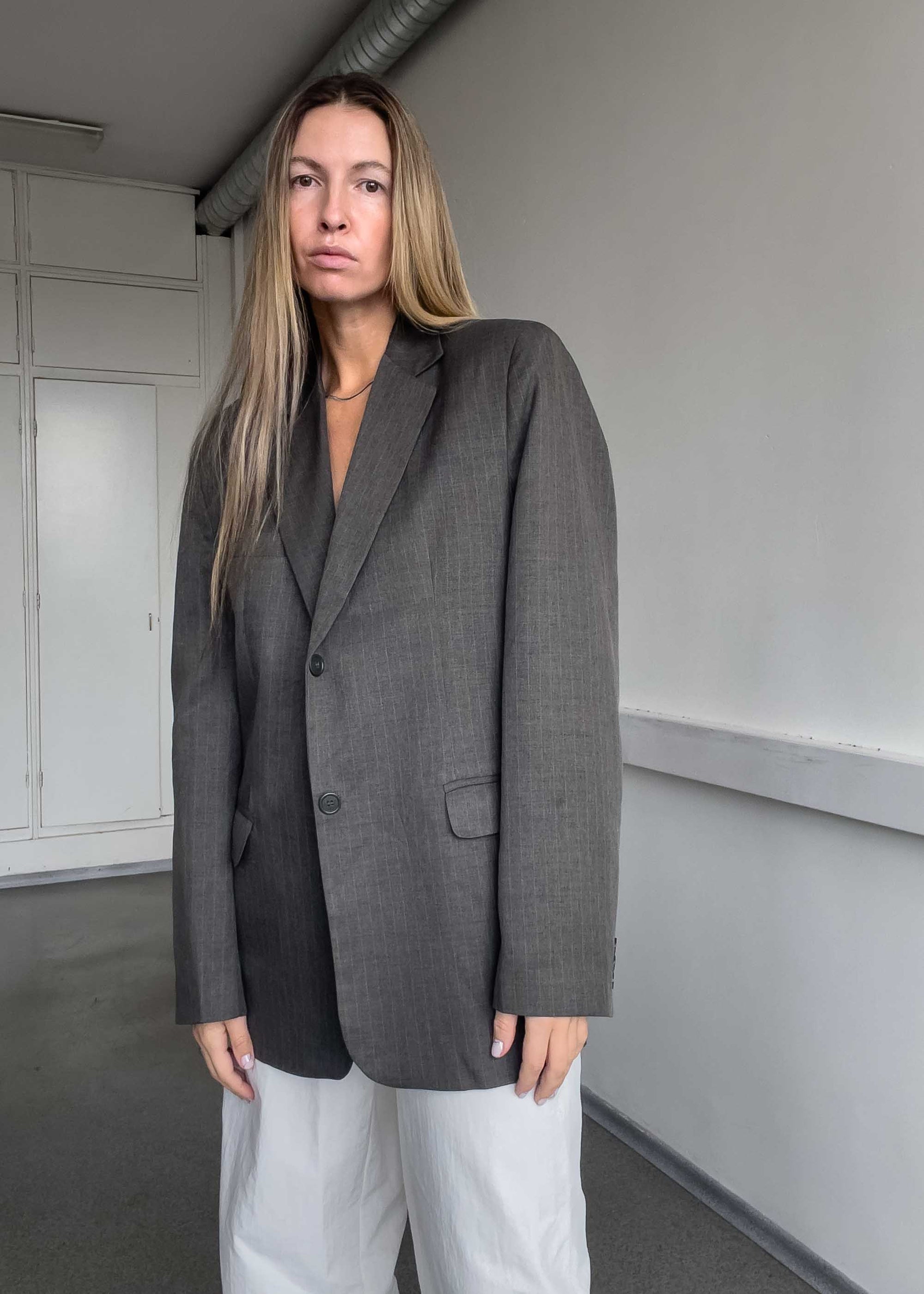 Vintage Grey Stripy Oversized Blazer
