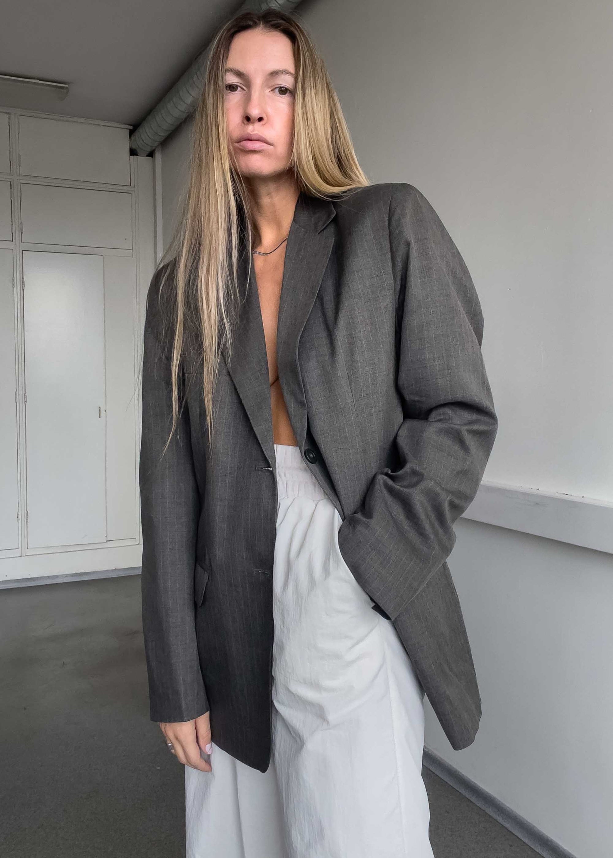 Vintage Grey Stripy Oversized Blazer