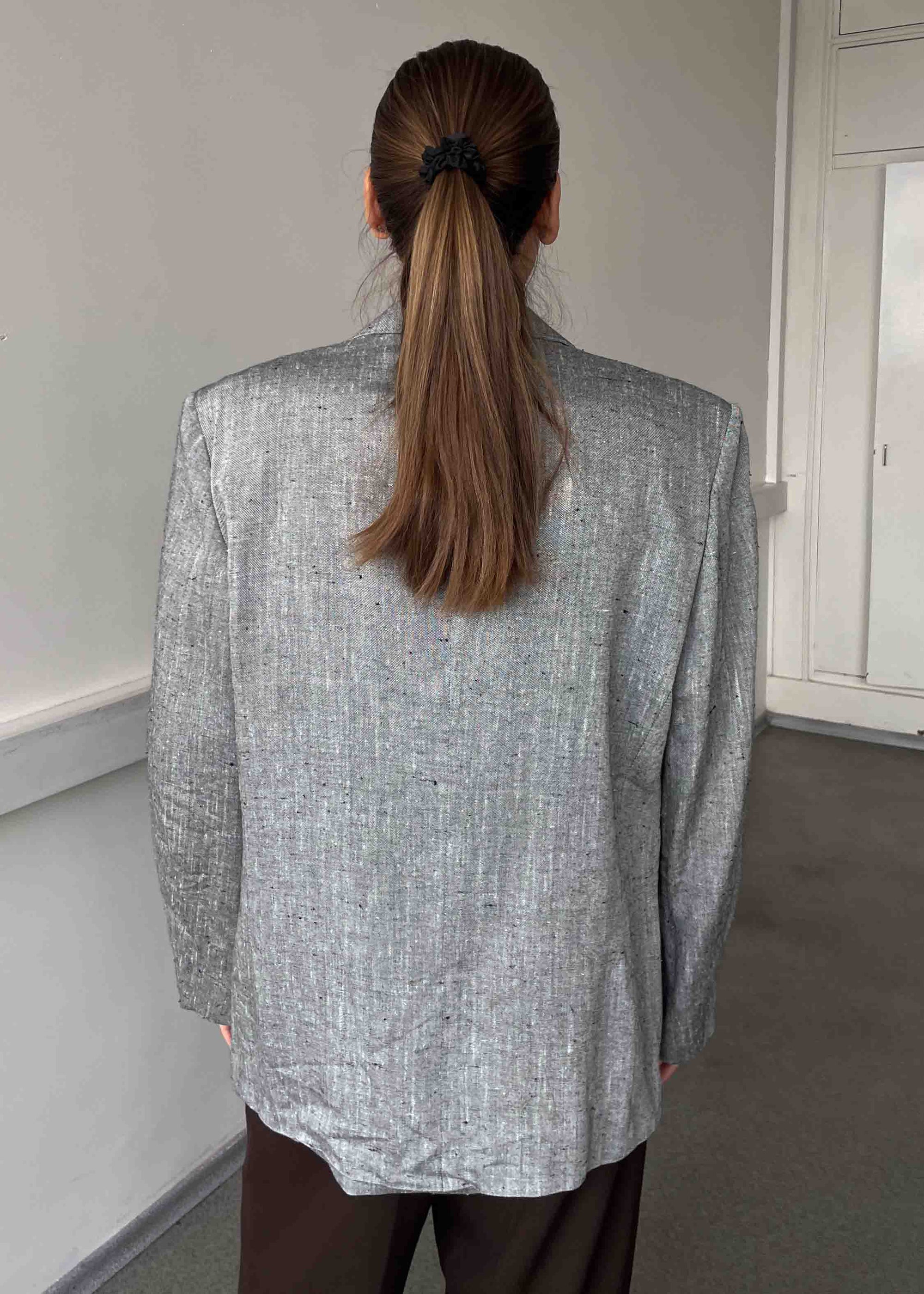 Vintage Grey Patterned Linen Blend Oversized Blazer