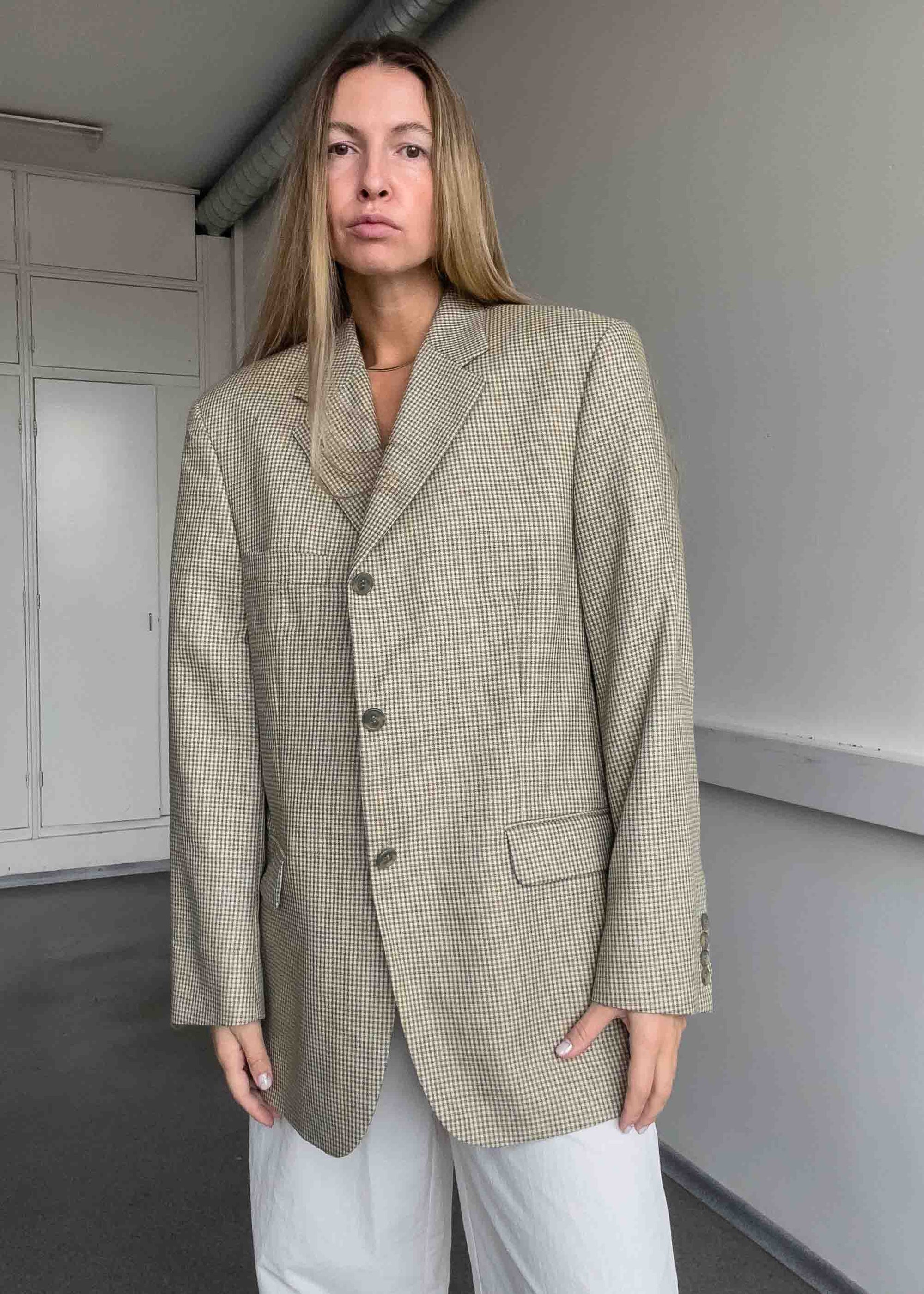 Vintage Beige Checked Oversized Blazer