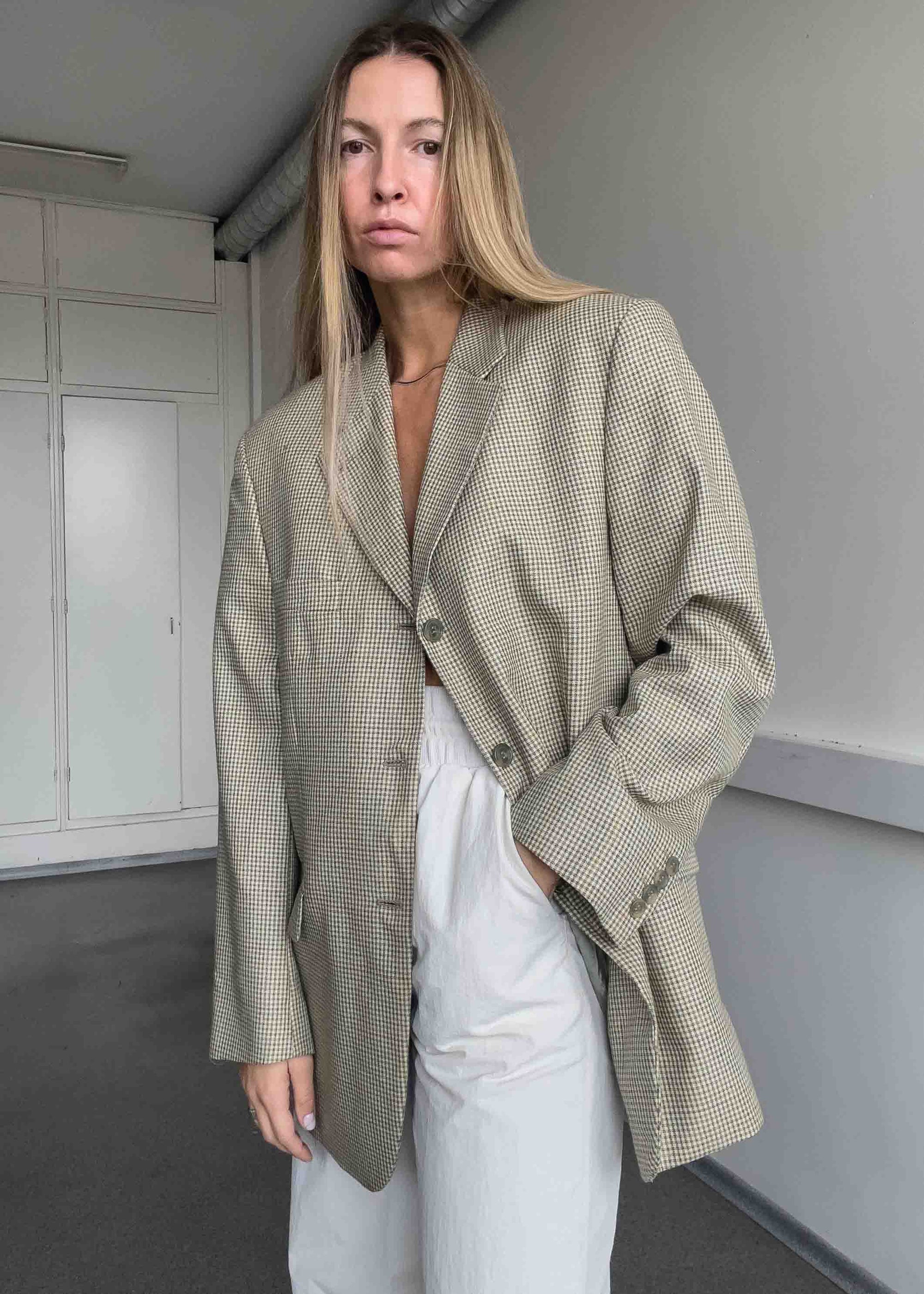 Vintage Beige Checked Oversized Blazer