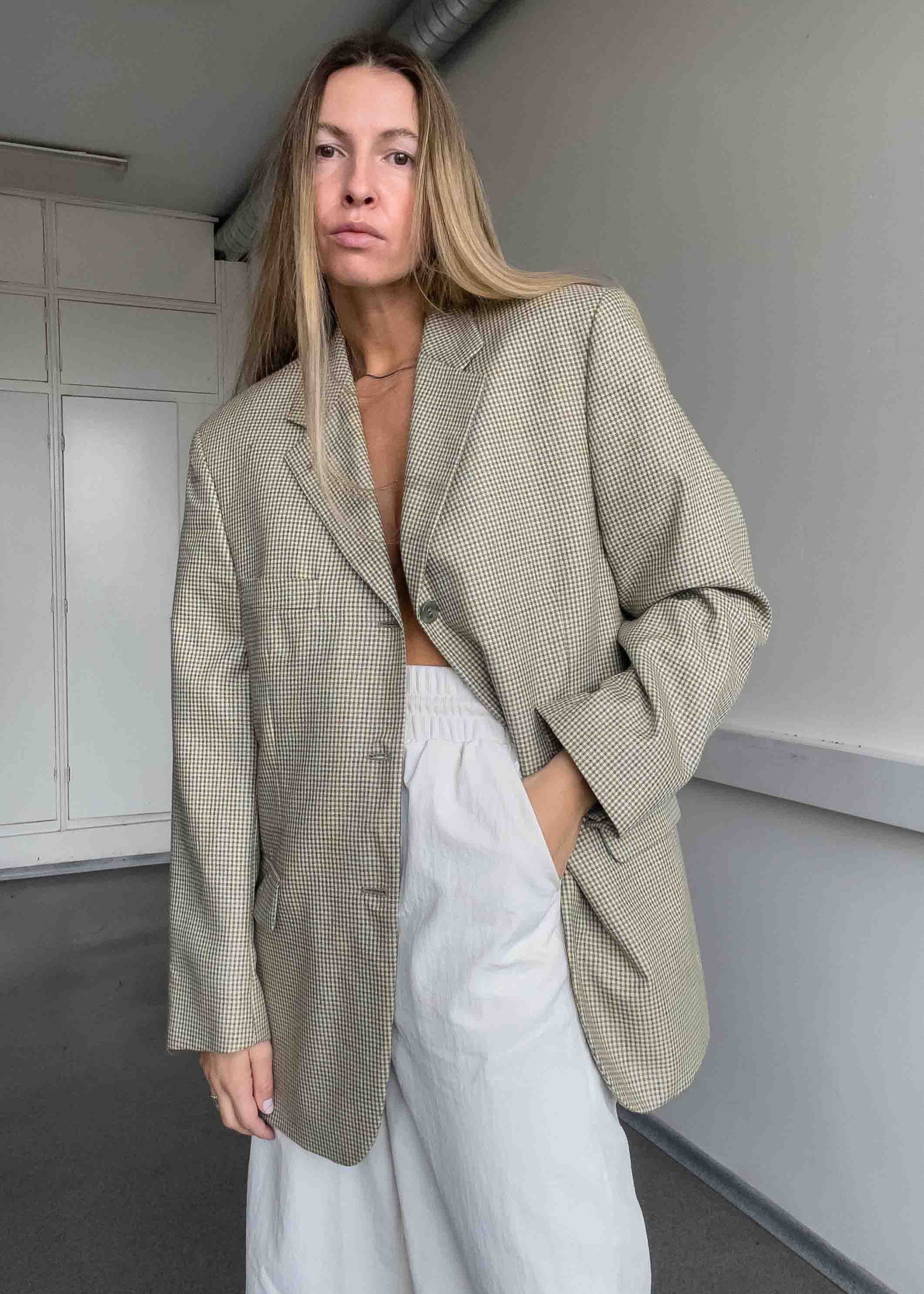 Vintage Beige Checked Oversized Blazer