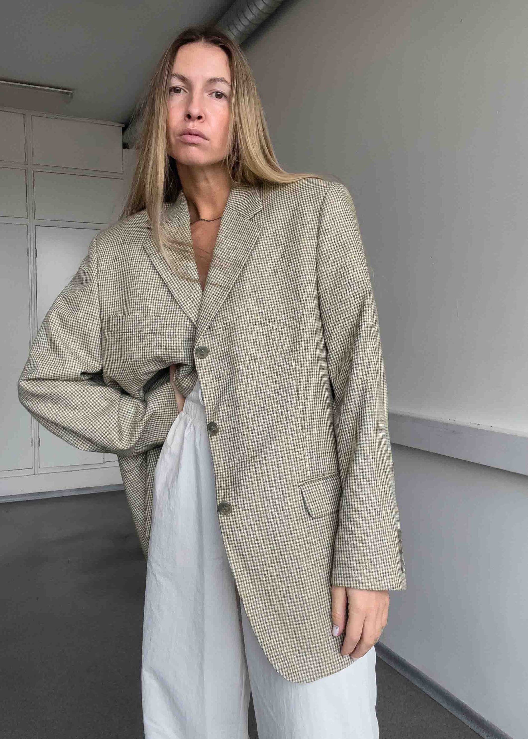 Vintage Beige Checked Oversized Blazer