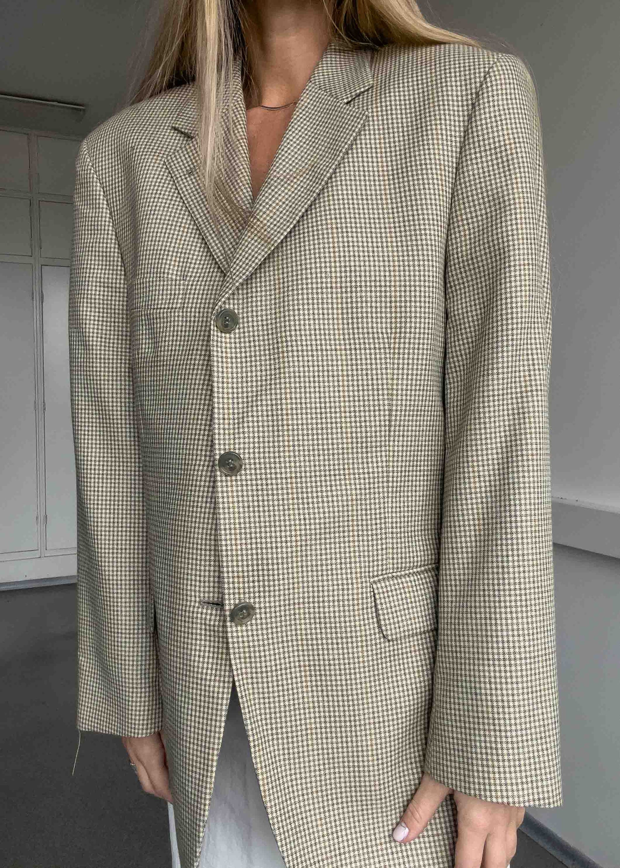 Vintage Beige Checked Oversized Blazer