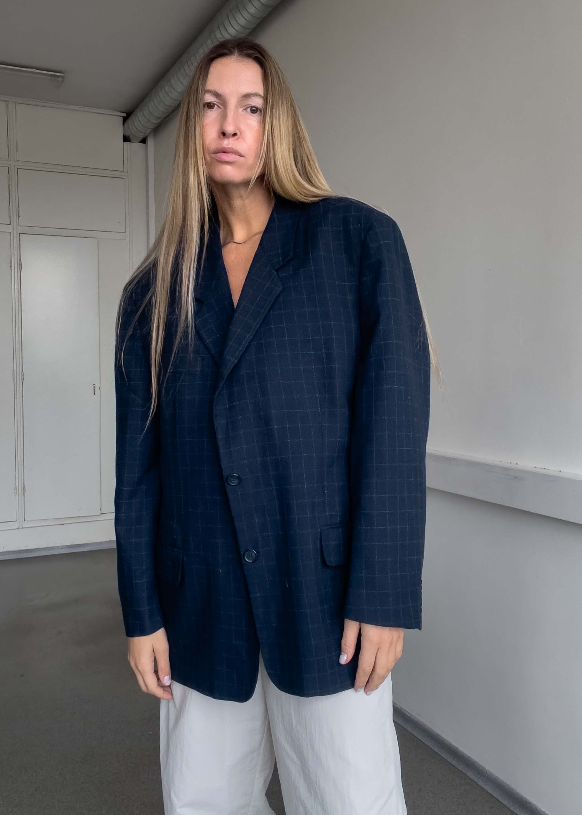 Vintage Blue Checked Oversized Blazer