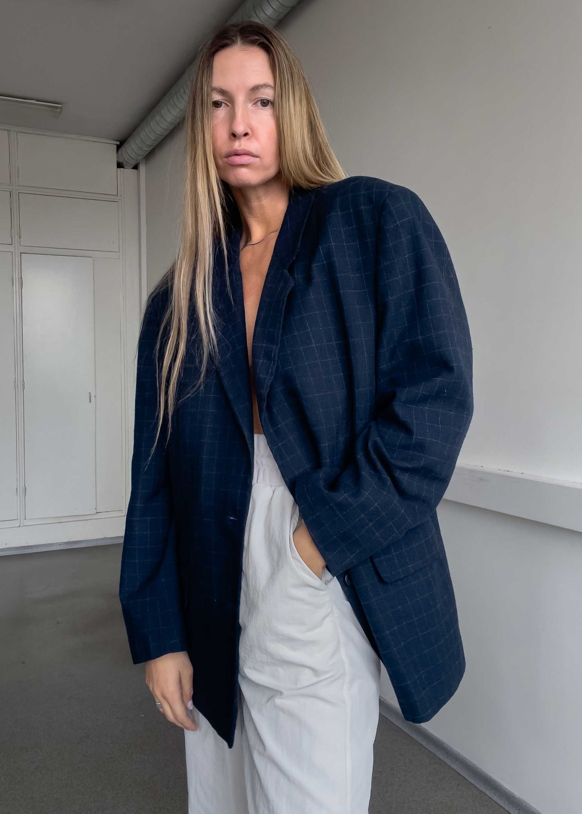 Vintage Blue Checked Oversized Blazer