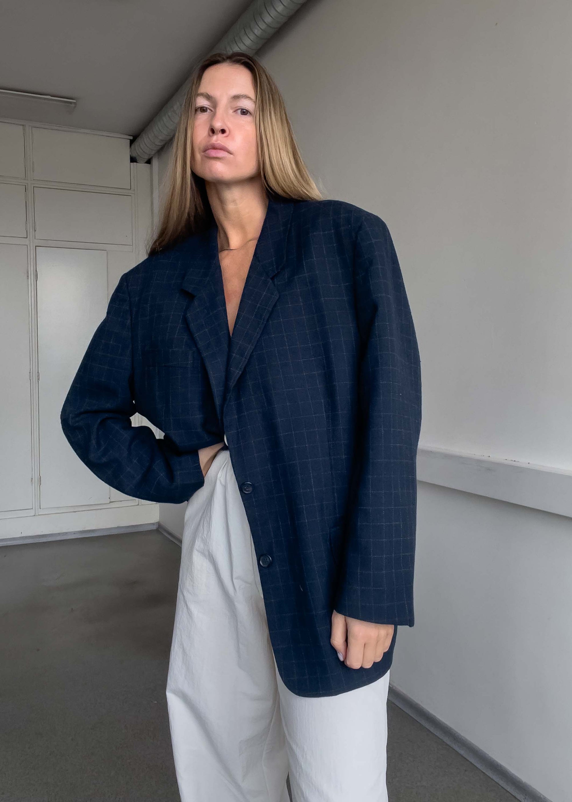Vintage Blue Checked Oversized Blazer