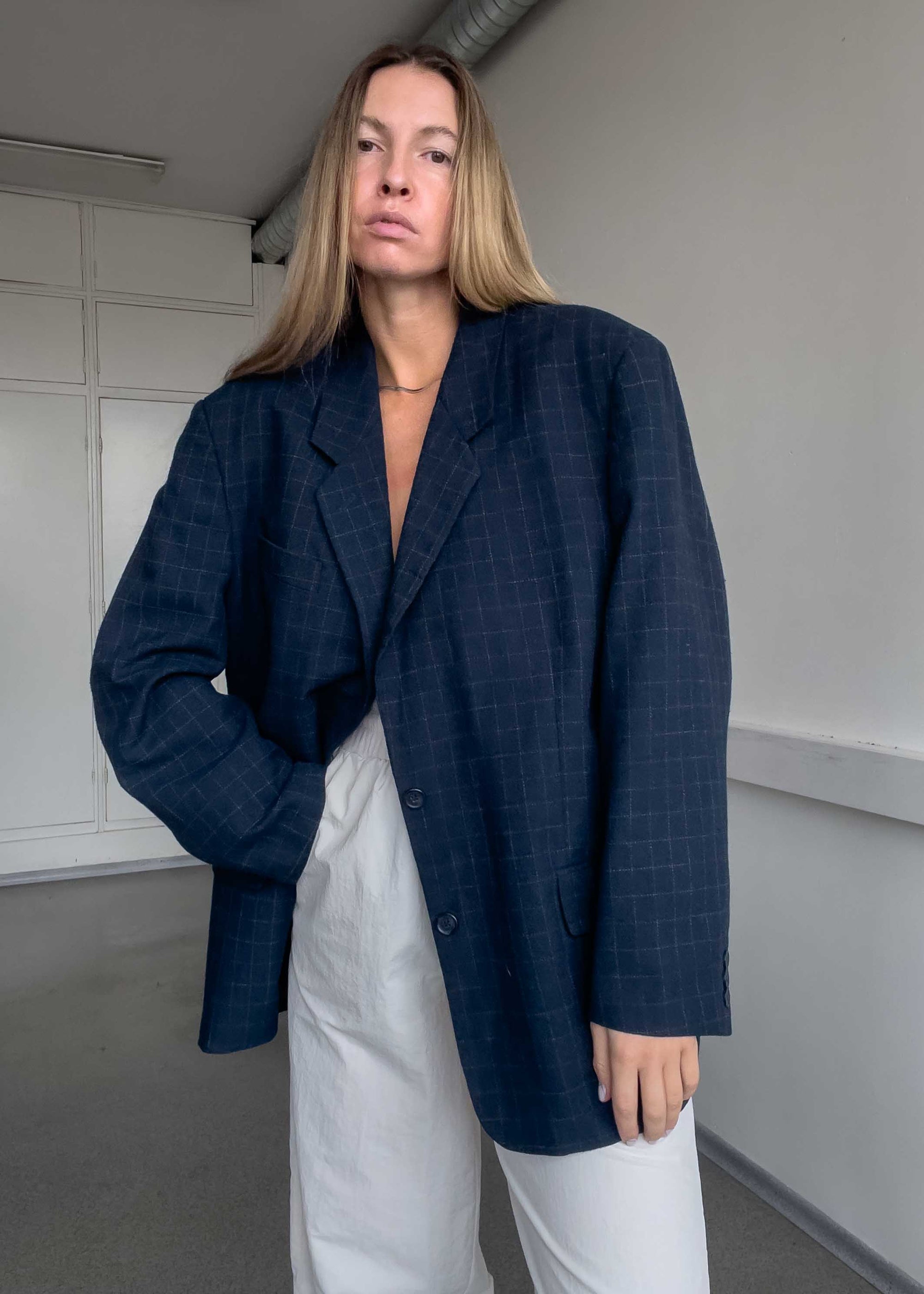 Vintage Blue Checked Oversized Blazer