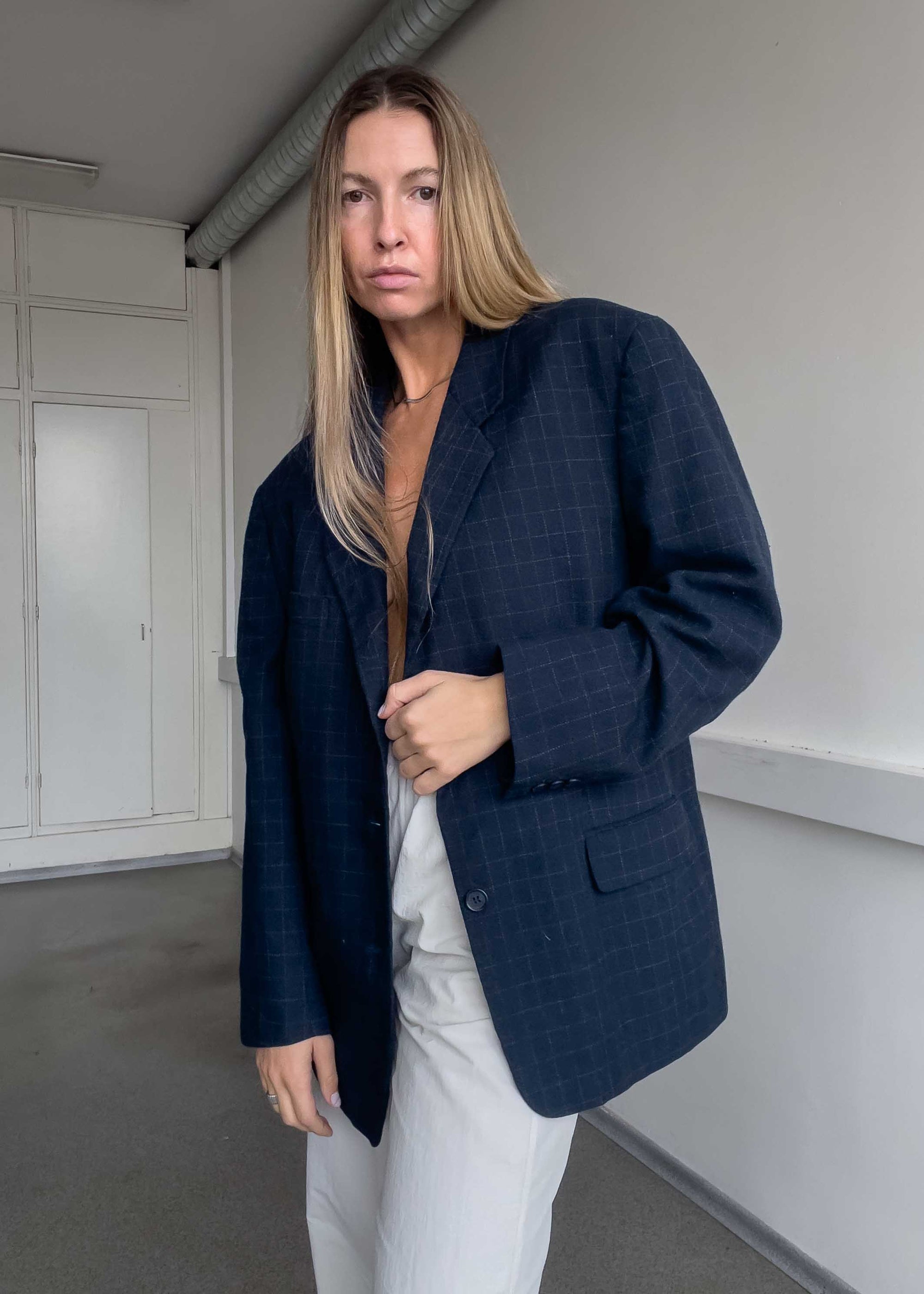 Vintage Blue Checked Oversized Blazer