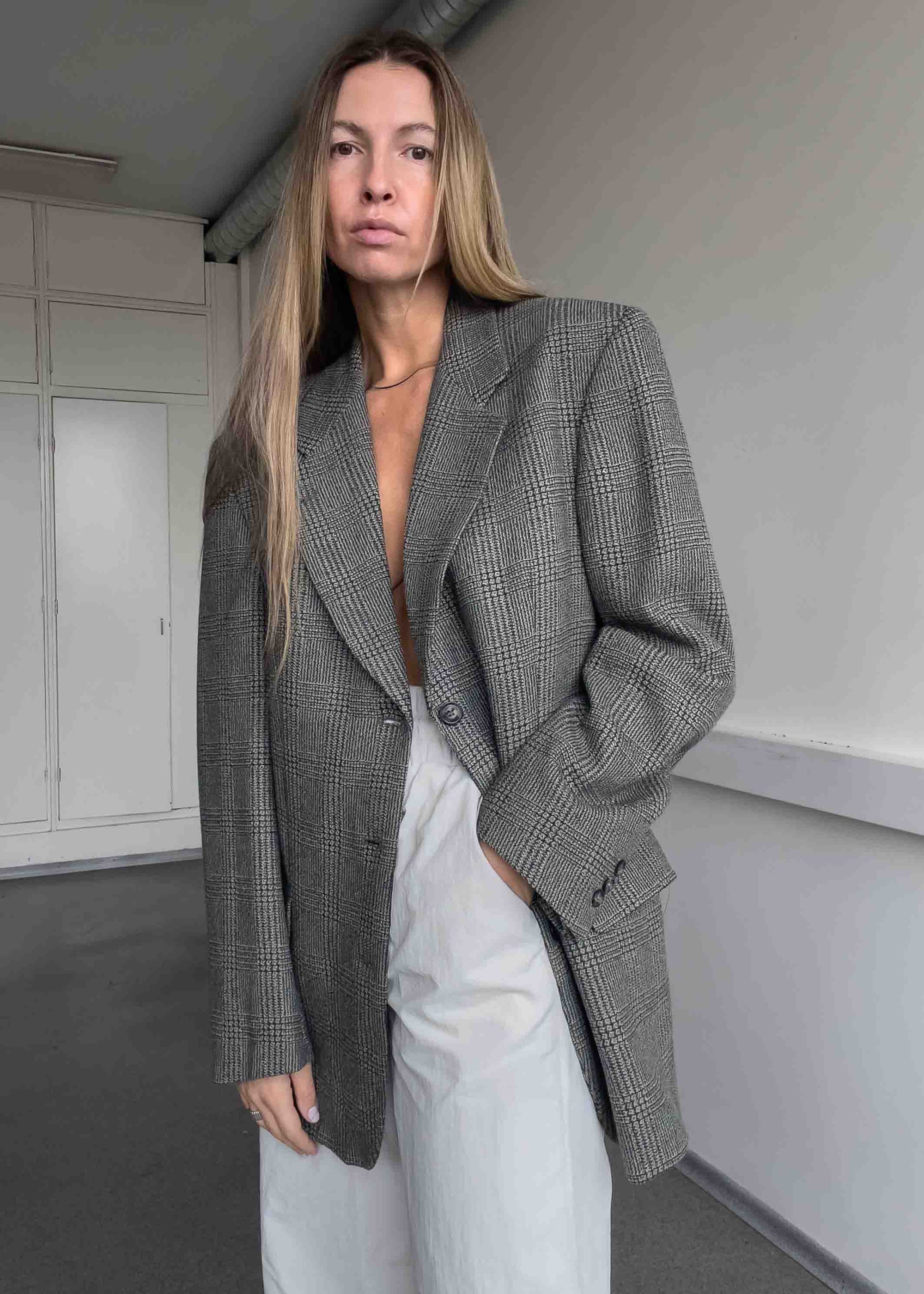 Vintage Checked Oversized Blazer in Green & Grey Tones