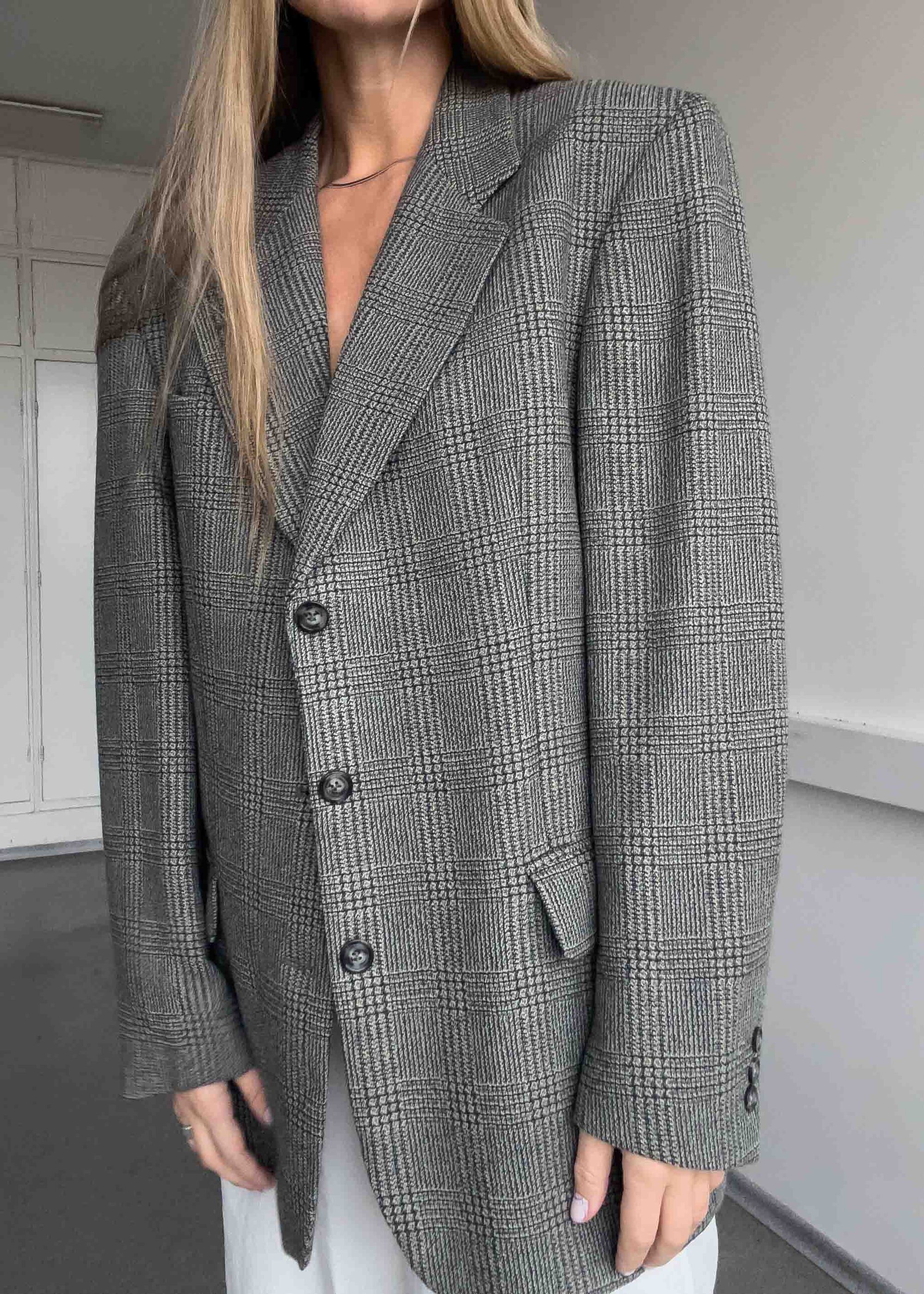 Vintage Checked Oversized Blazer in Green & Grey Tones