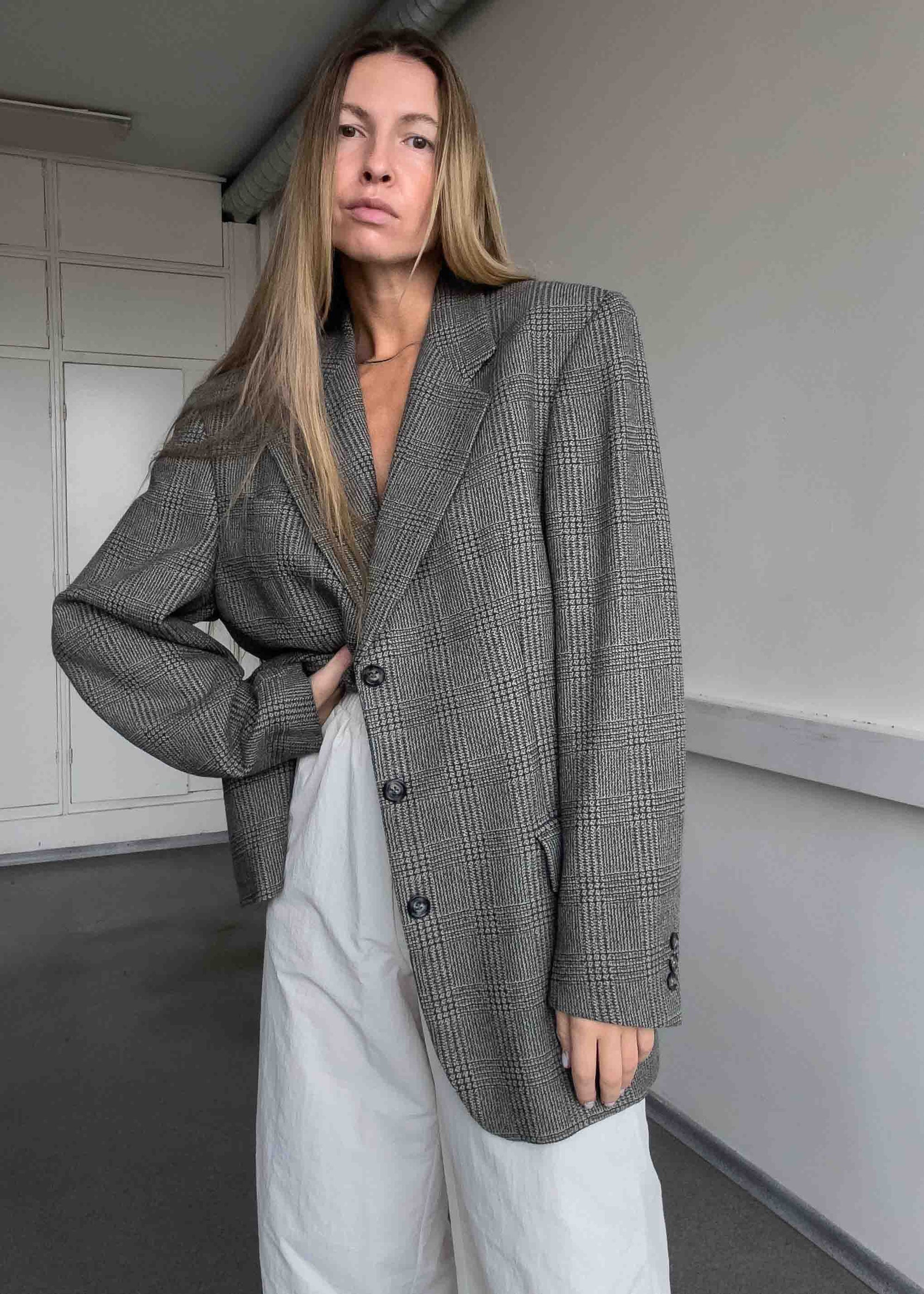 Vintage Checked Oversized Blazer in Green & Grey Tones