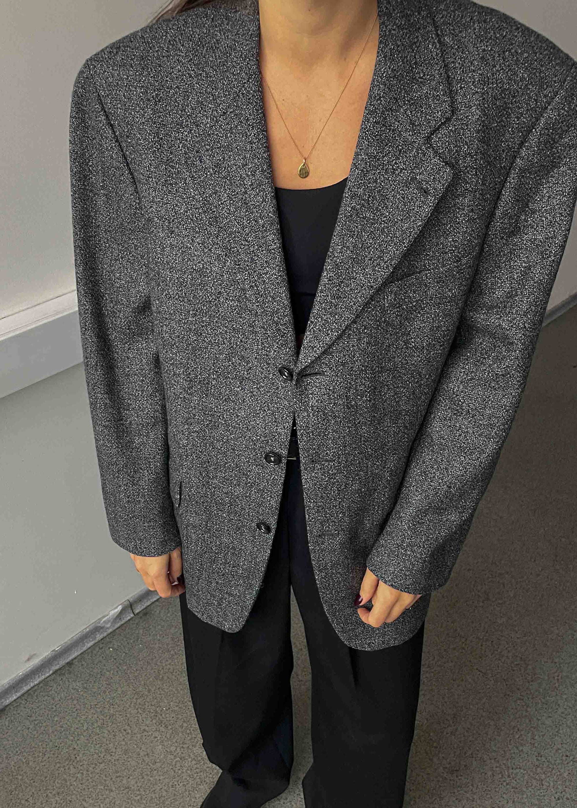 Vintage Grey Patterned Oversized 100% WOOL Blazer