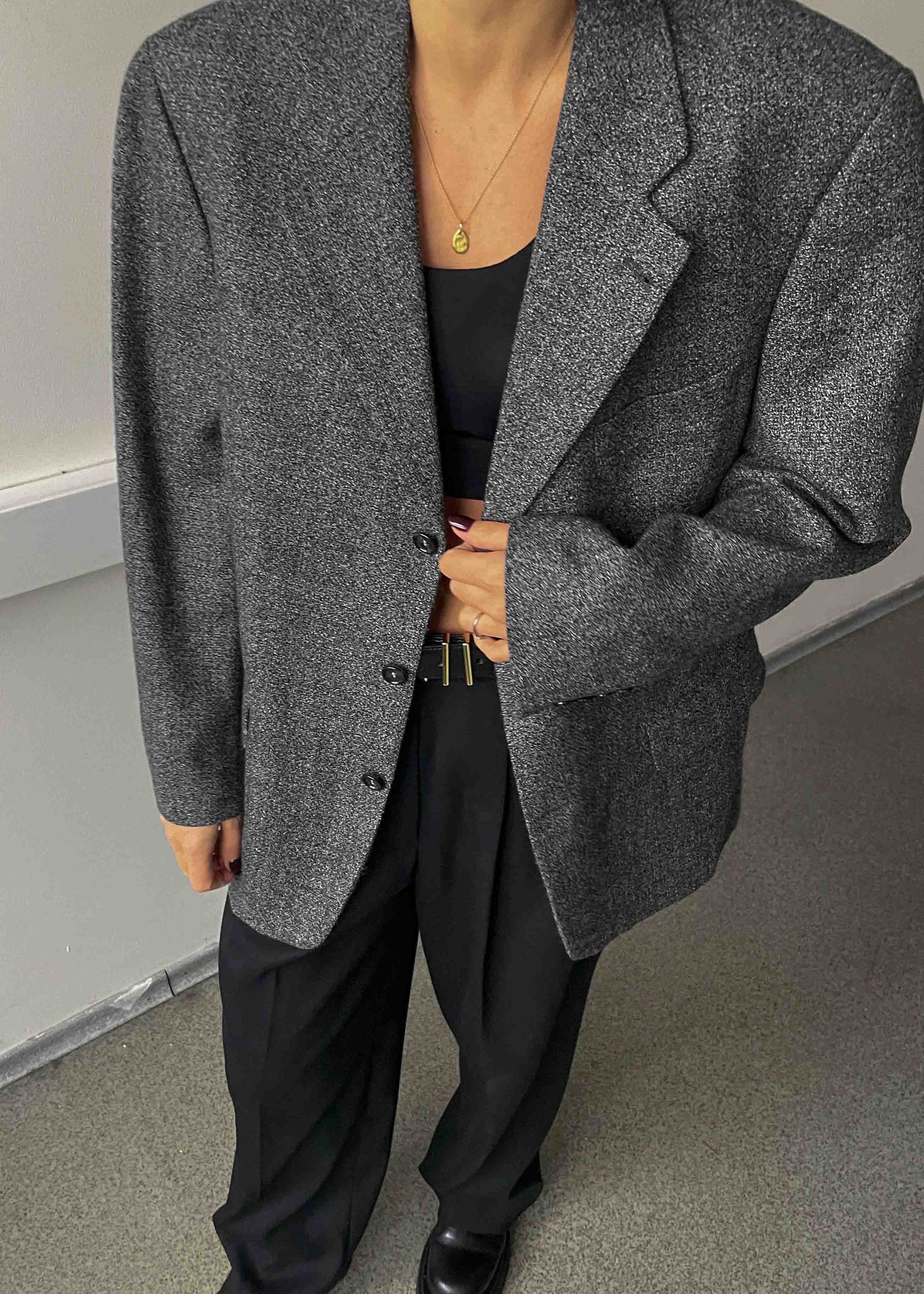 Vintage Grey Patterned Oversized 100% WOOL Blazer