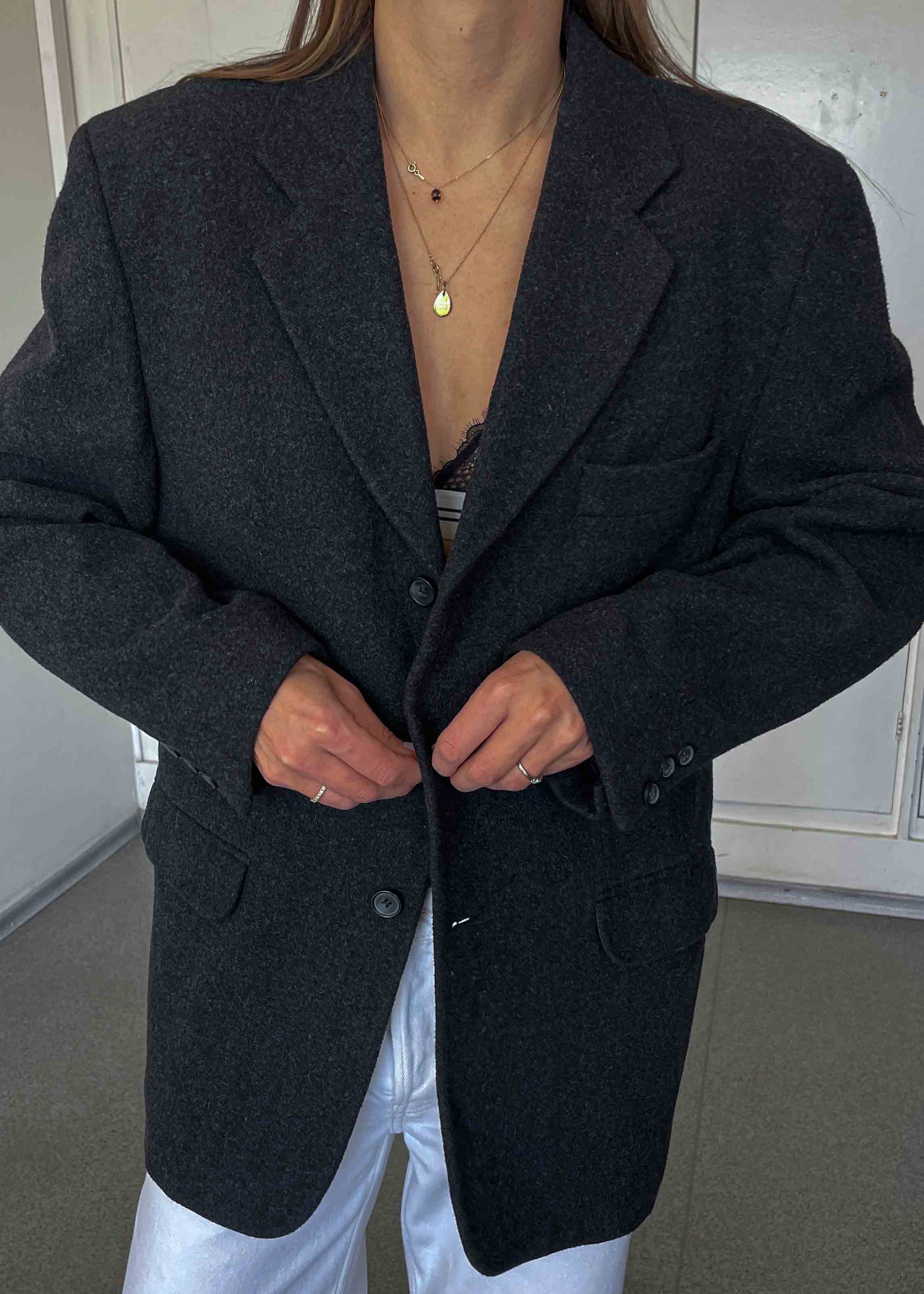 Vintage Dark Grey Oversized Brushed Wool Blazer