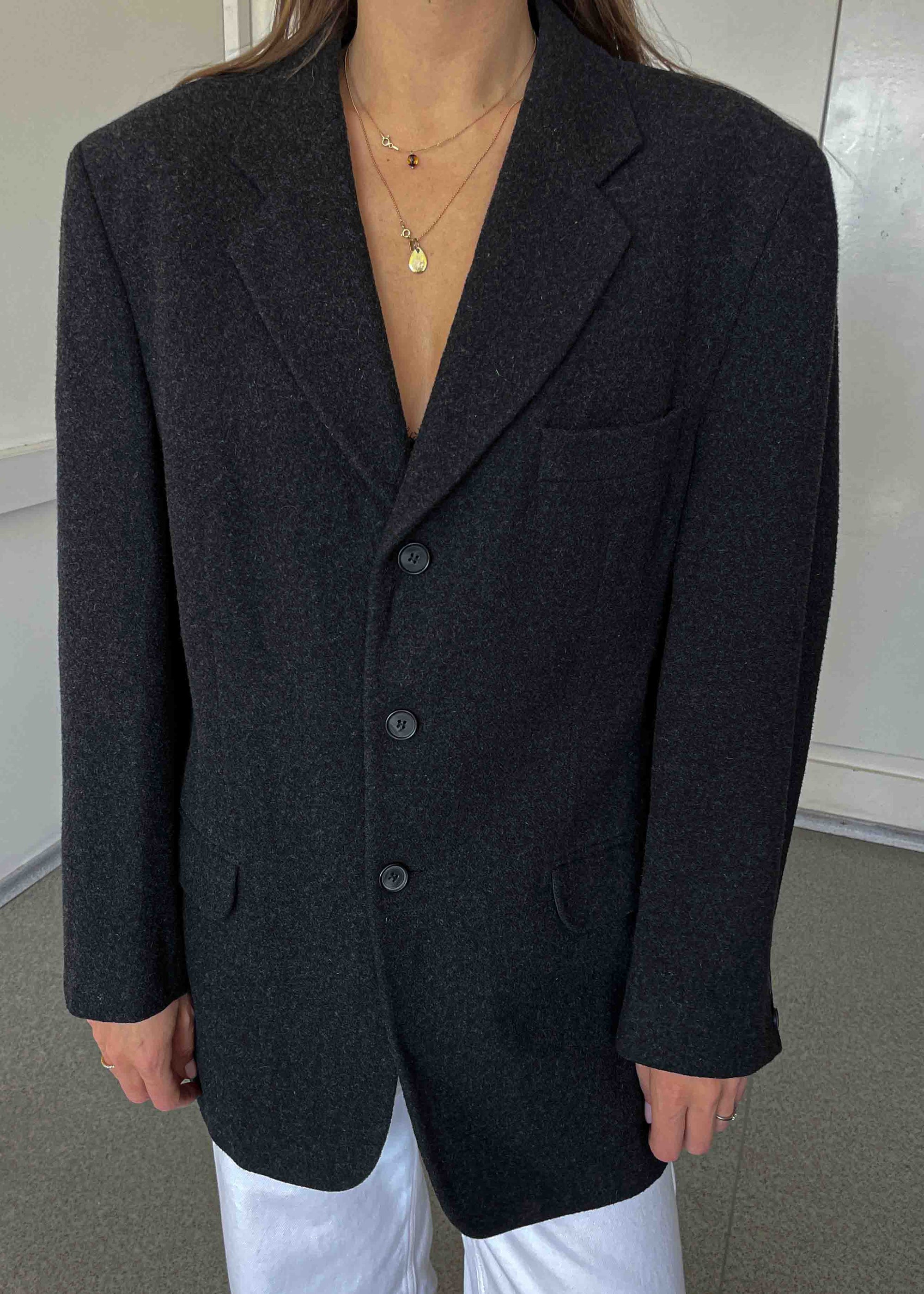 Vintage Dark Grey Oversized Brushed Wool Blazer