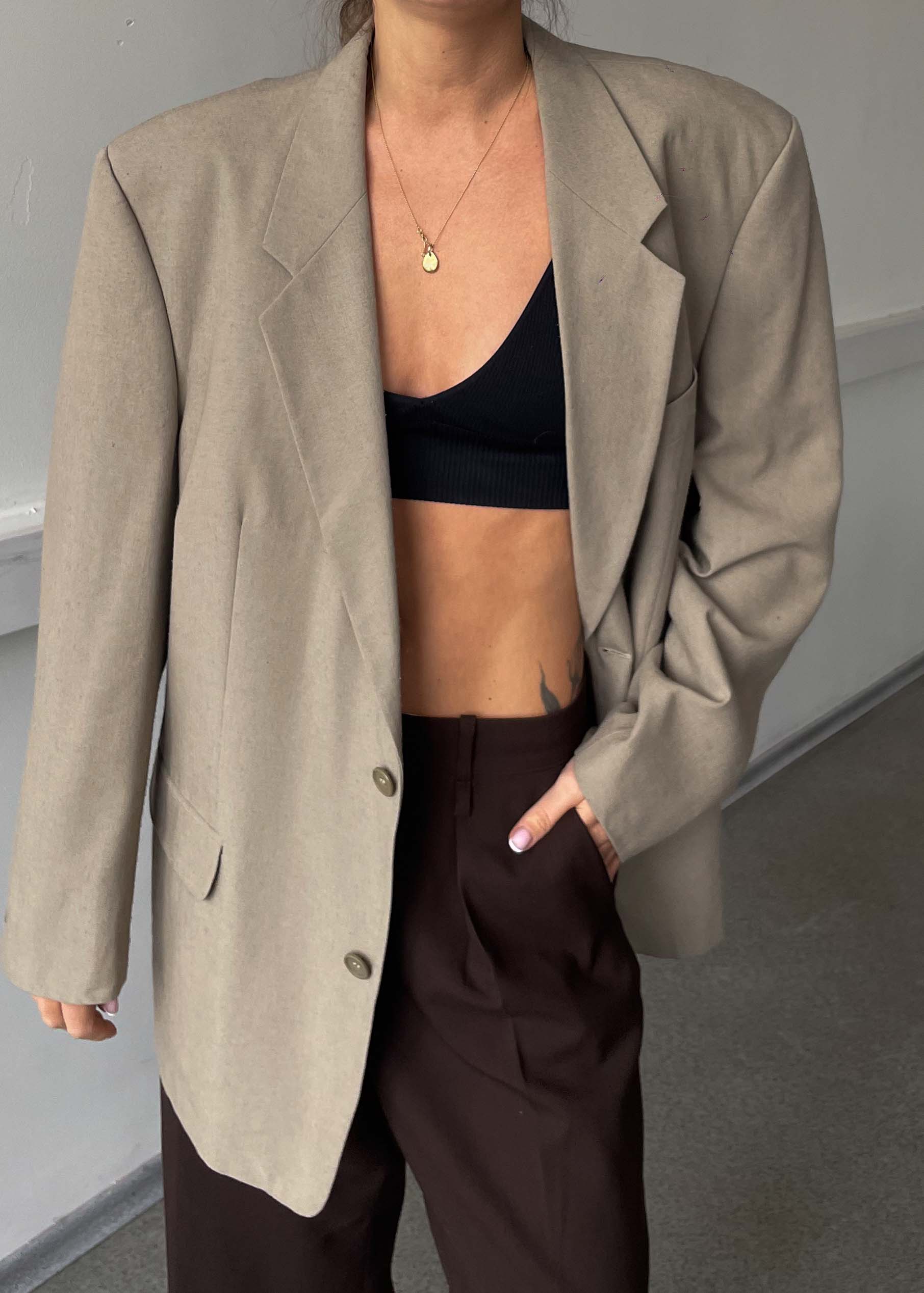 Vintage Beige Linen Blend Oversized Blazer