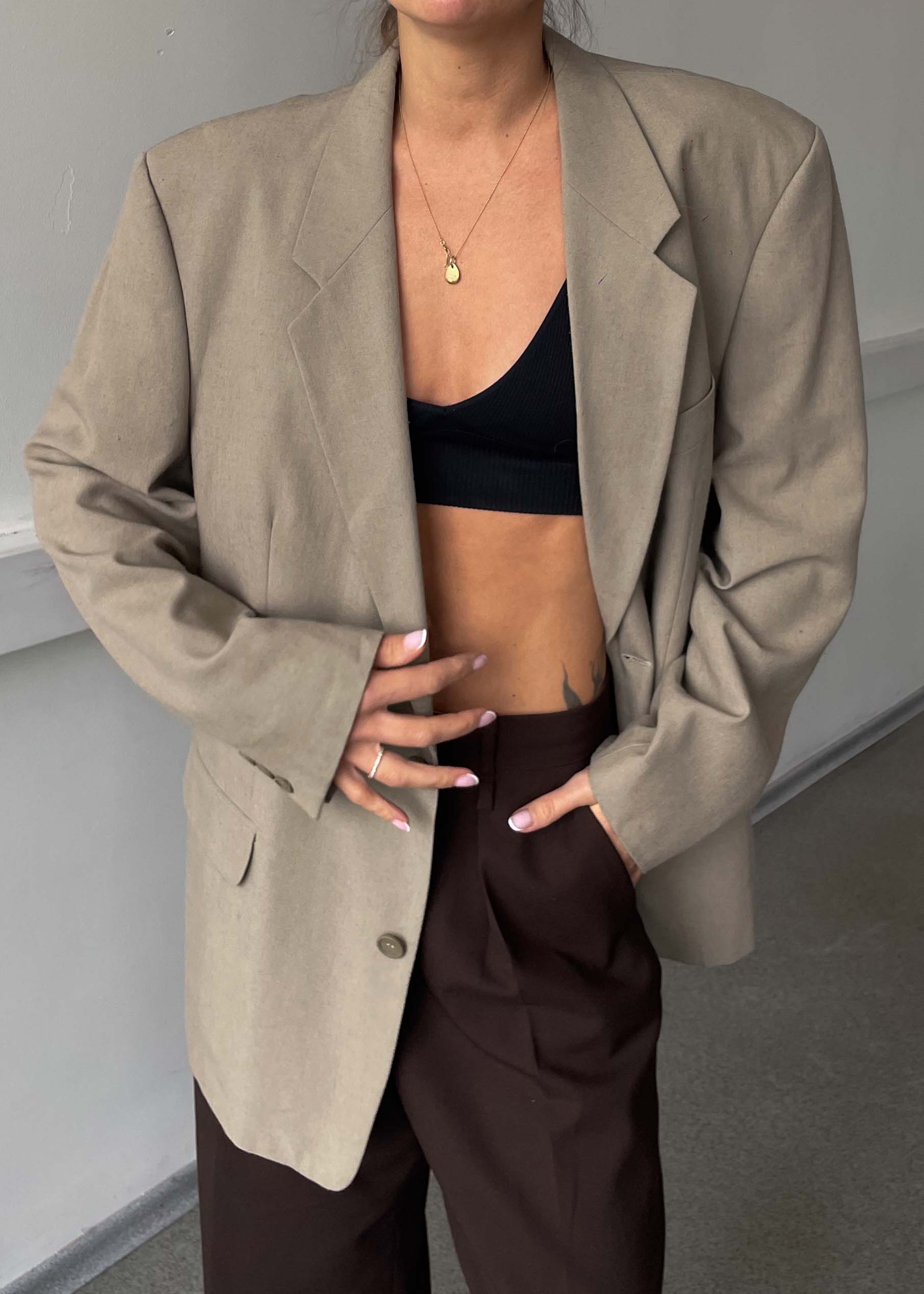 Vintage Beige Linen Blend Oversized Blazer