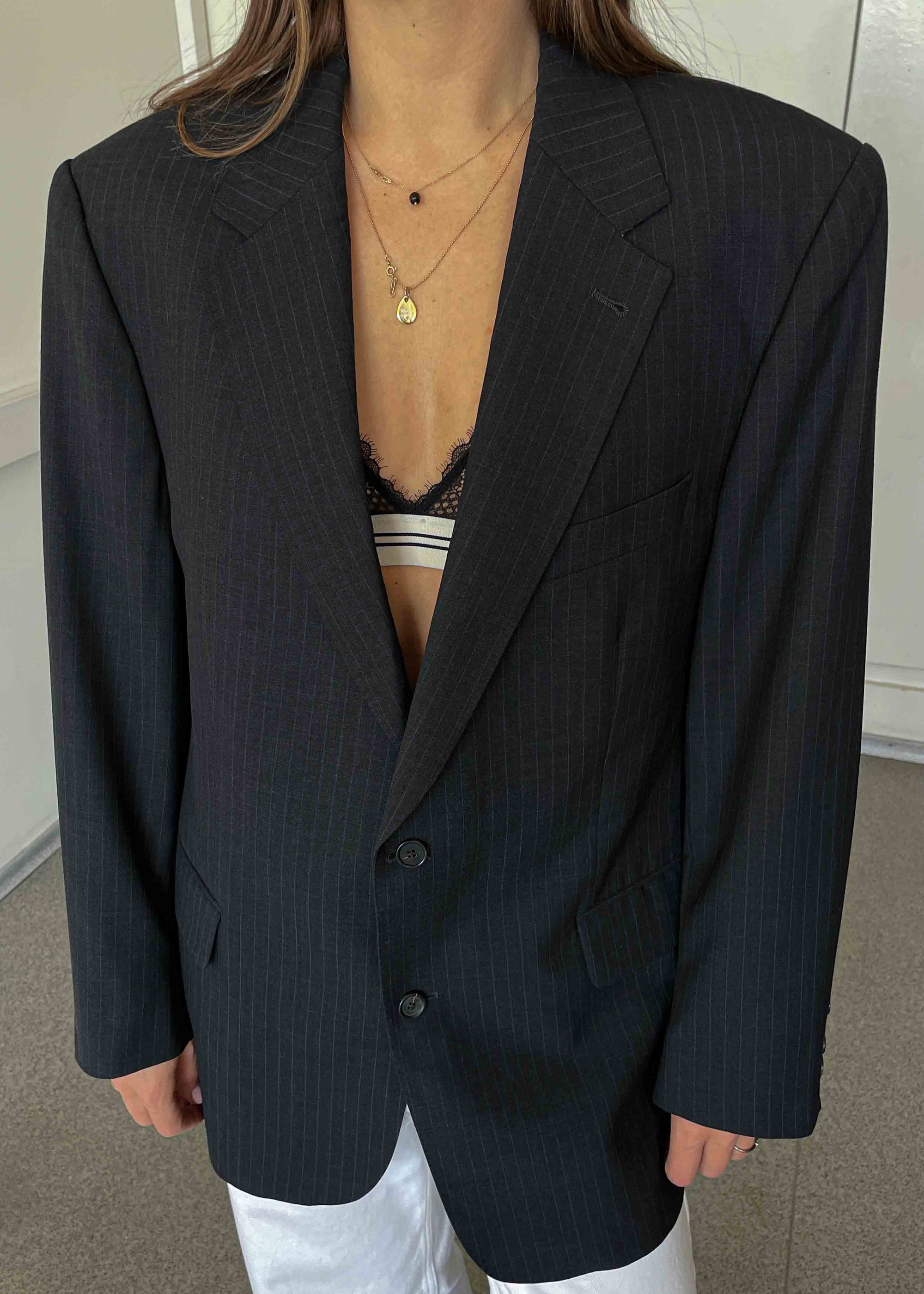 Vintage Dark Grey Stripped Oversized Blazer
