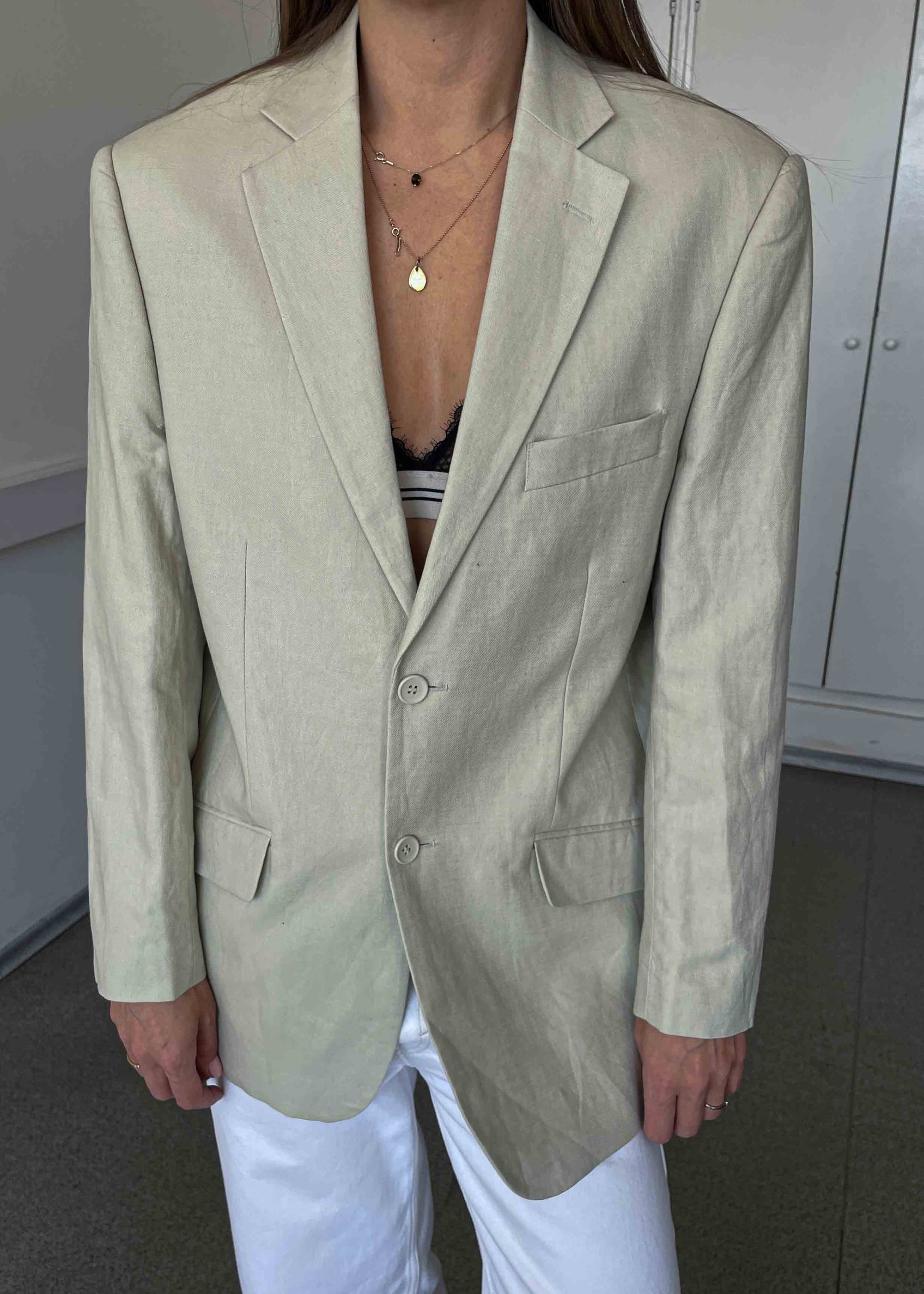 Vintage Sage Green Linen Blend Oversized Blazer