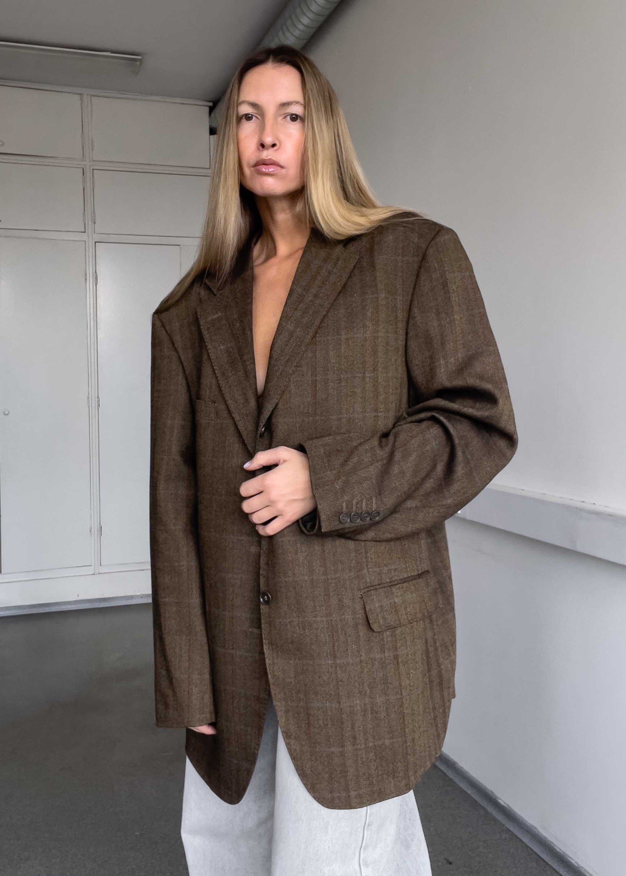 Vintage Brown Checked Oversized Thick Blazer