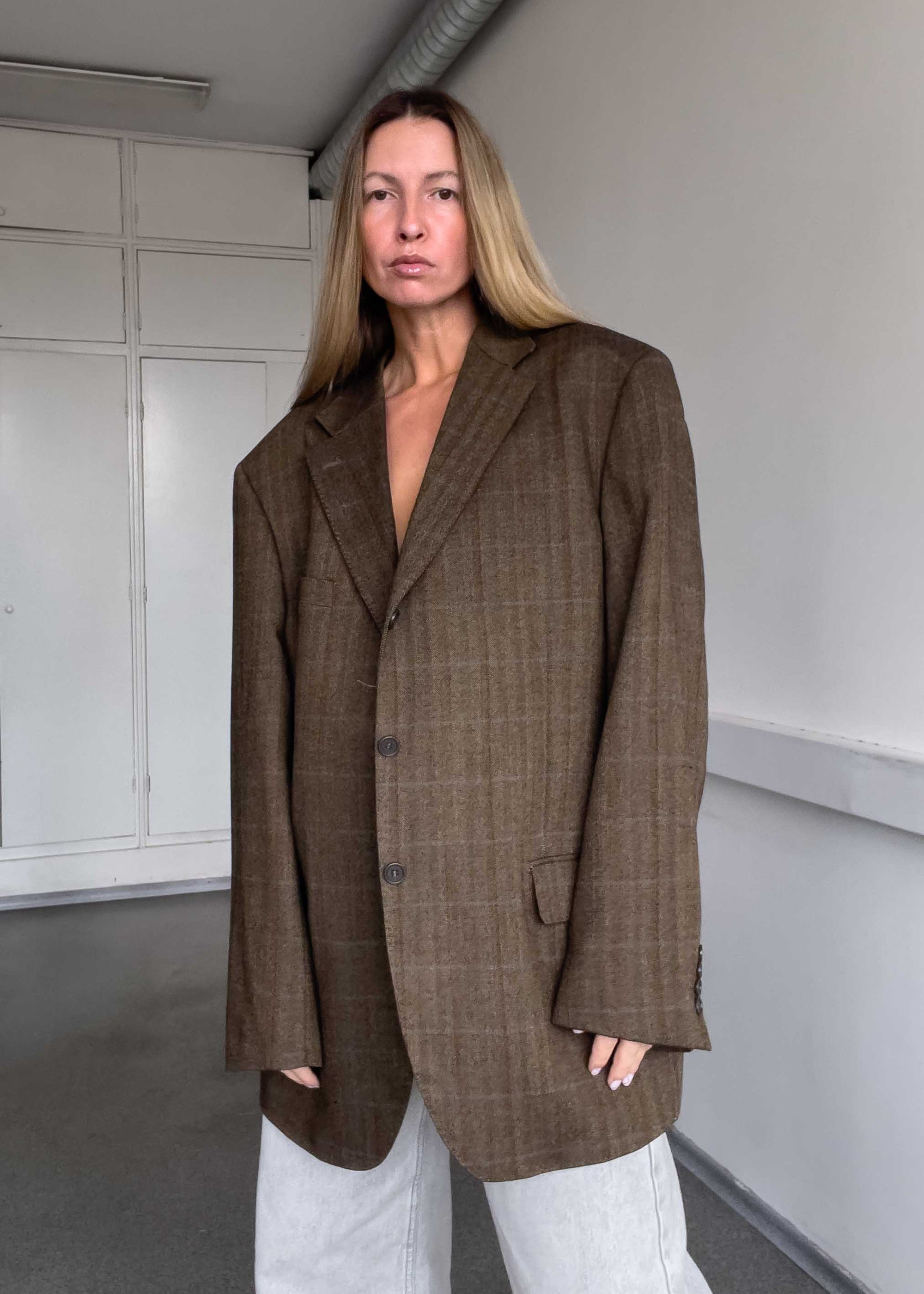 Vintage Brown Checked Oversized Thick Blazer