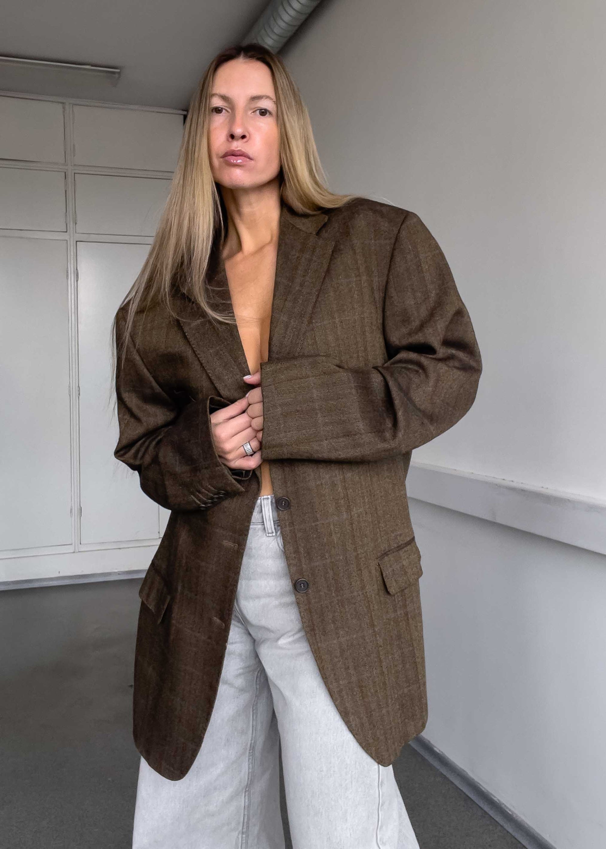 Vintage Brown Checked Oversized Thick Blazer