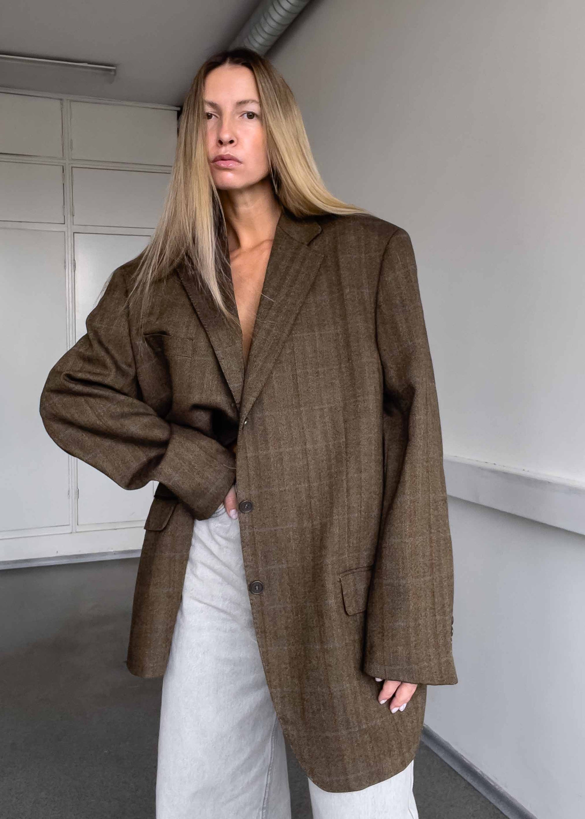 Vintage Brown Checked Oversized Thick Blazer
