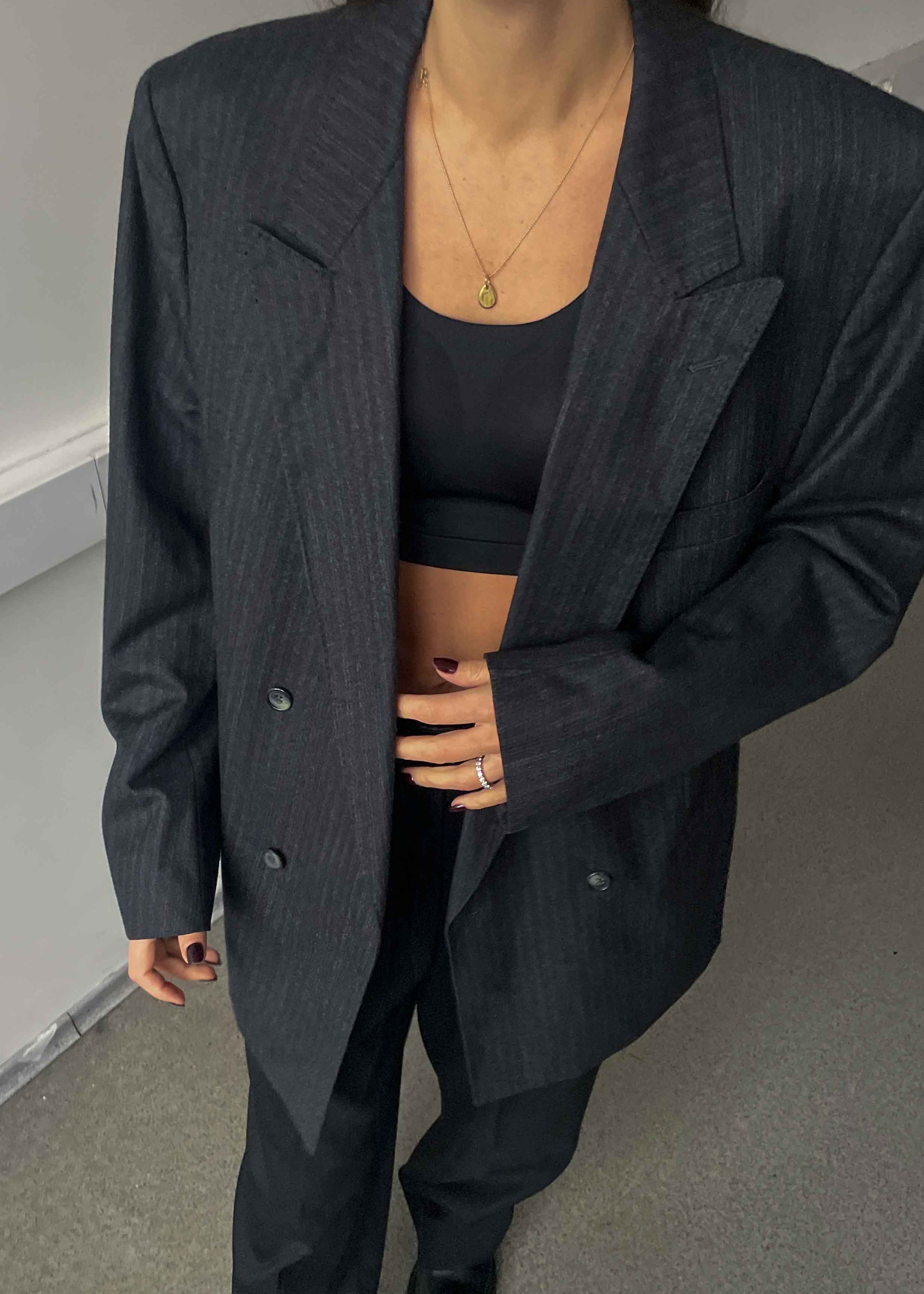 Vintage Grey Striped Oversized 100% WOOL Double Breasted Blazer