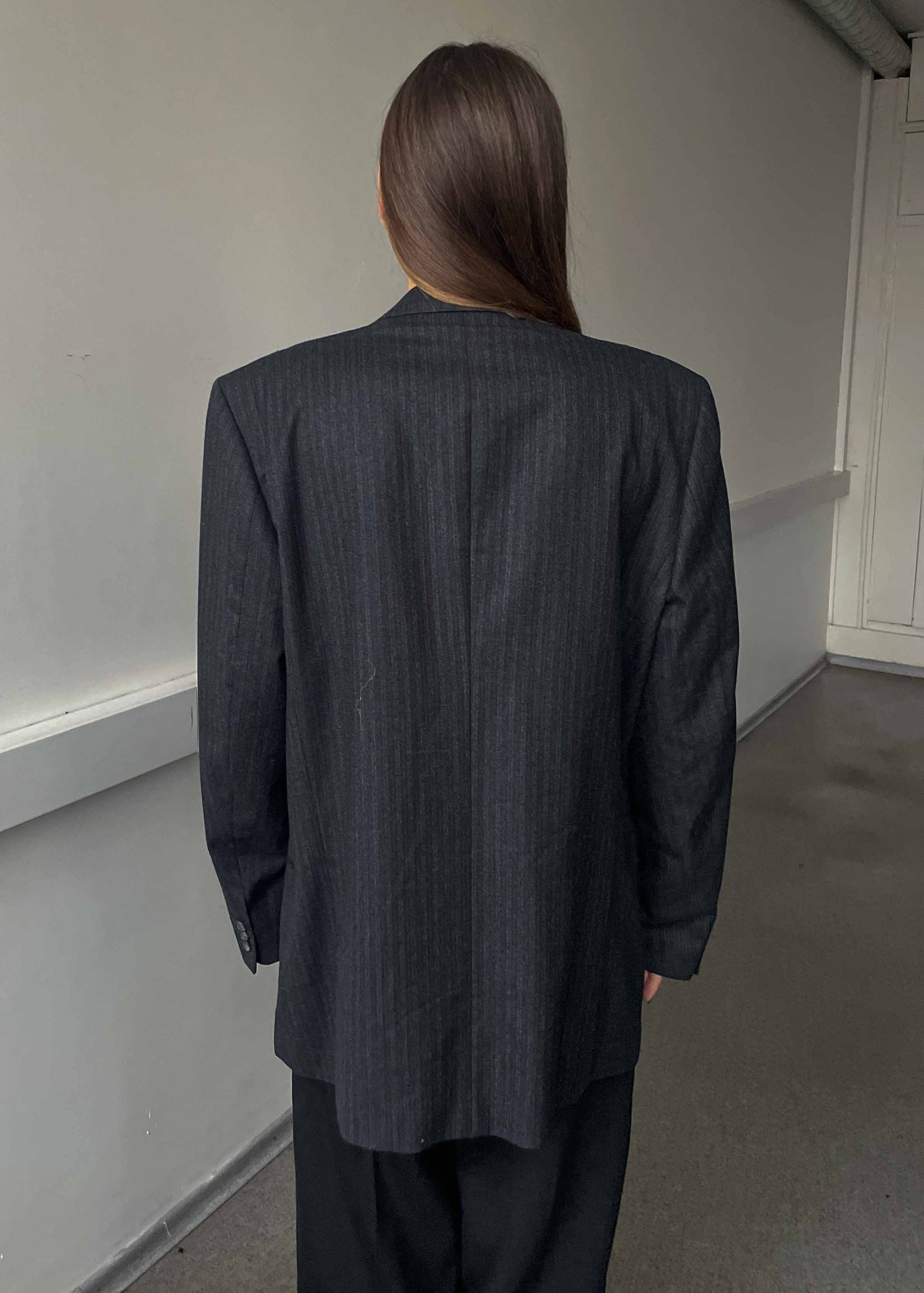 Vintage Grey Striped Oversized 100% WOOL Double Breasted Blazer