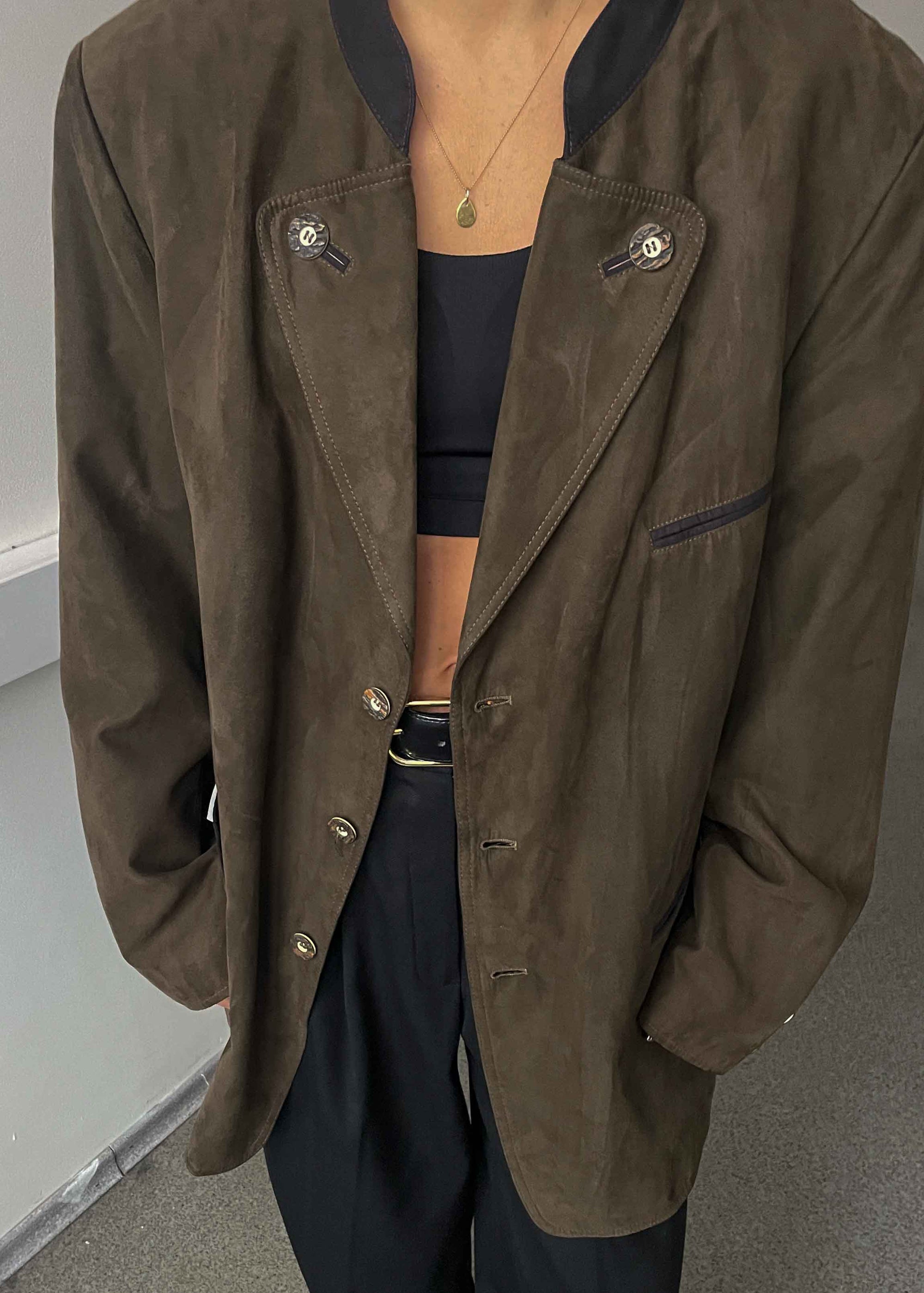 Vintage Khaki Green Faux Suede Oversized Blazer
