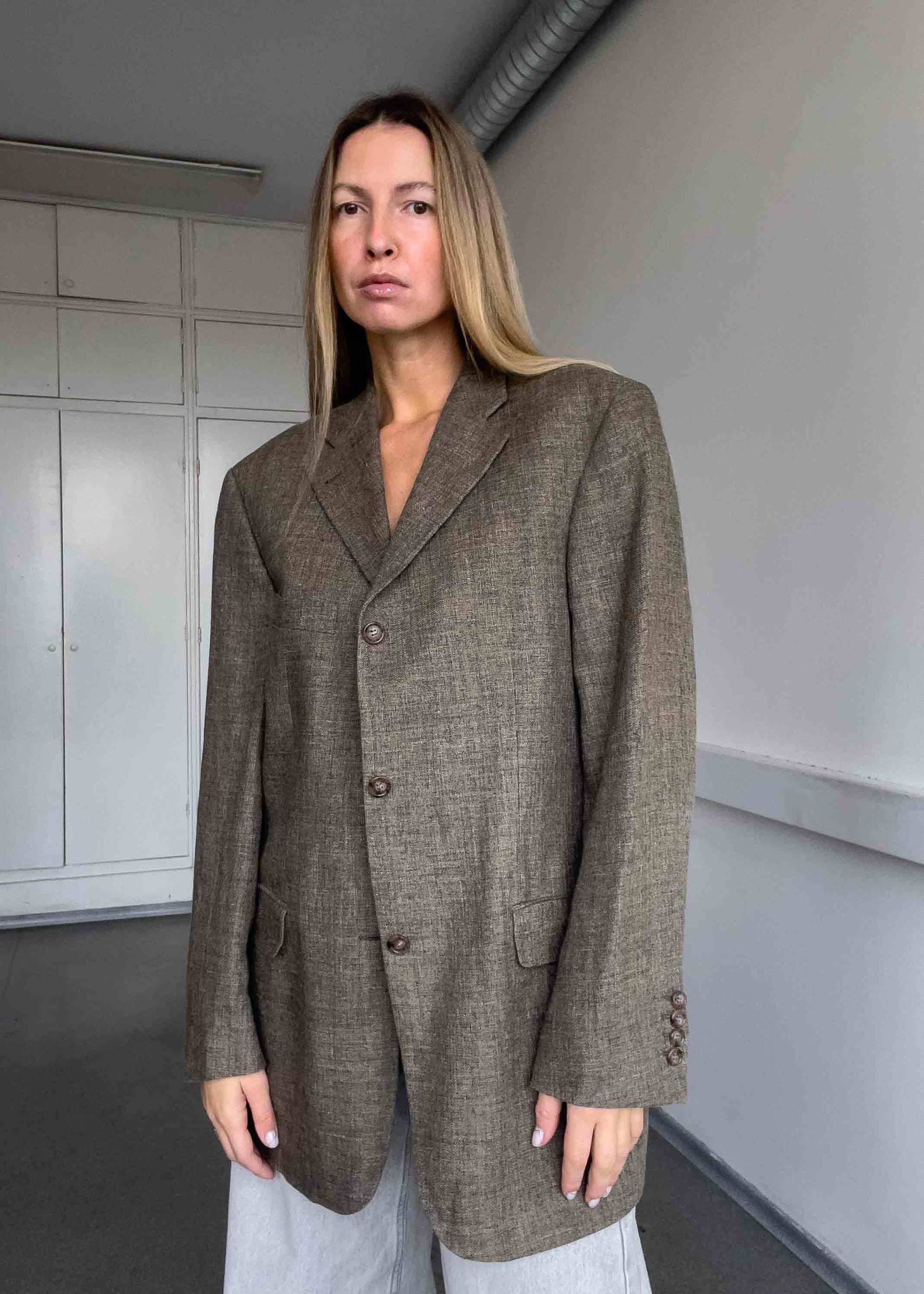Vintage Brown Oversized Silk, Linen & Wool Blazer