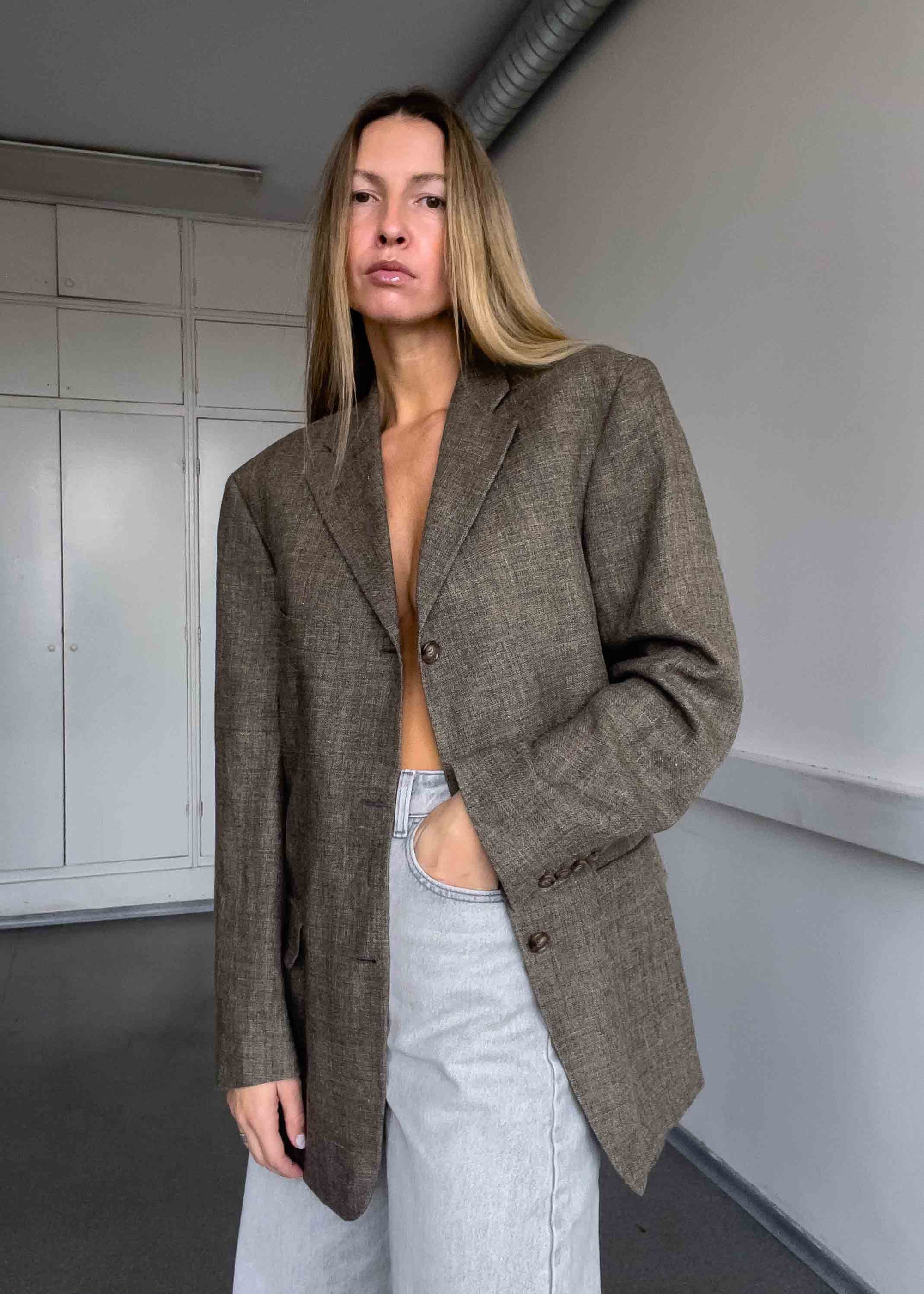 Vintage Brown Oversized Silk, Linen & Wool Blazer