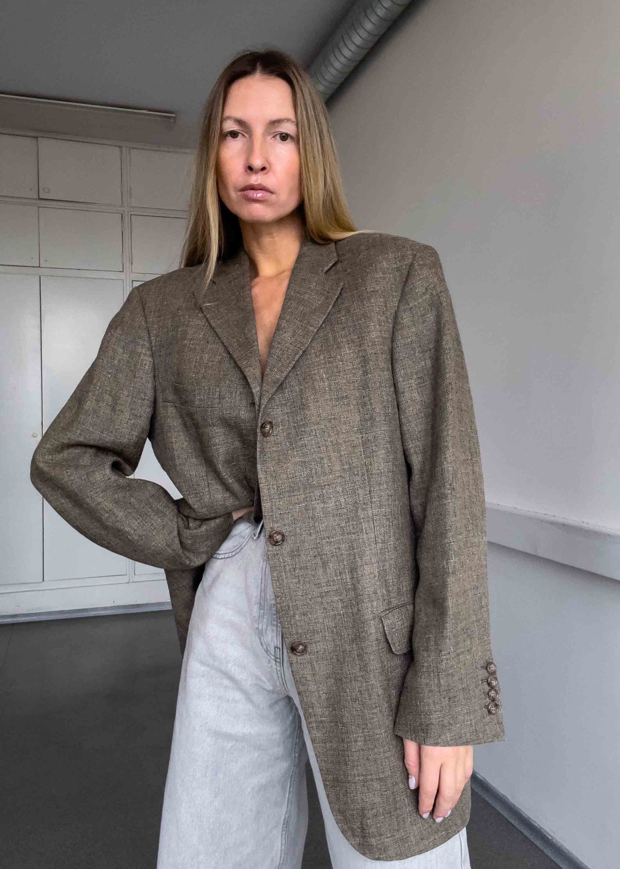 Vintage Brown Oversized Silk, Linen & Wool Blazer