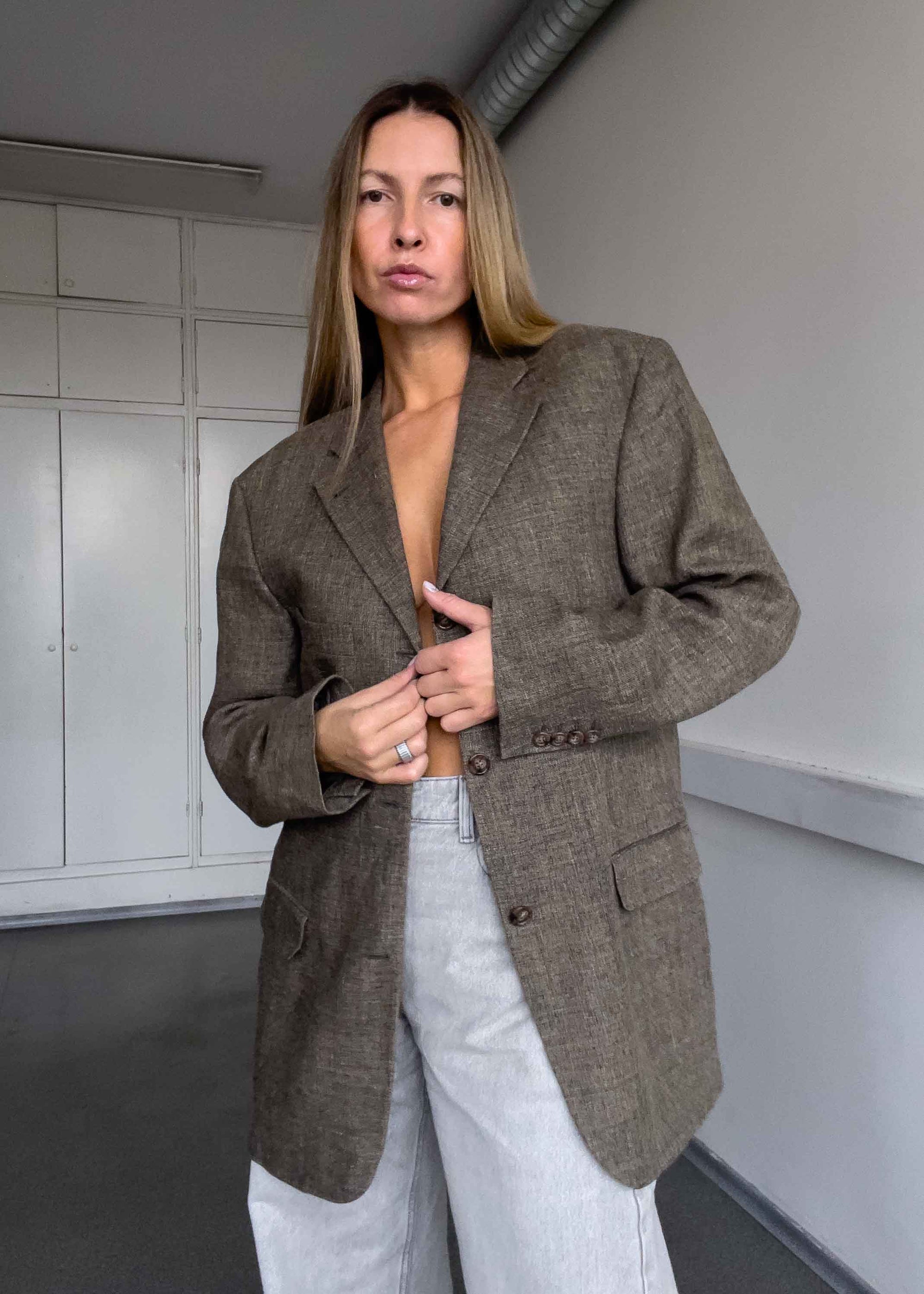 Vintage Brown Oversized Silk, Linen & Wool Blazer