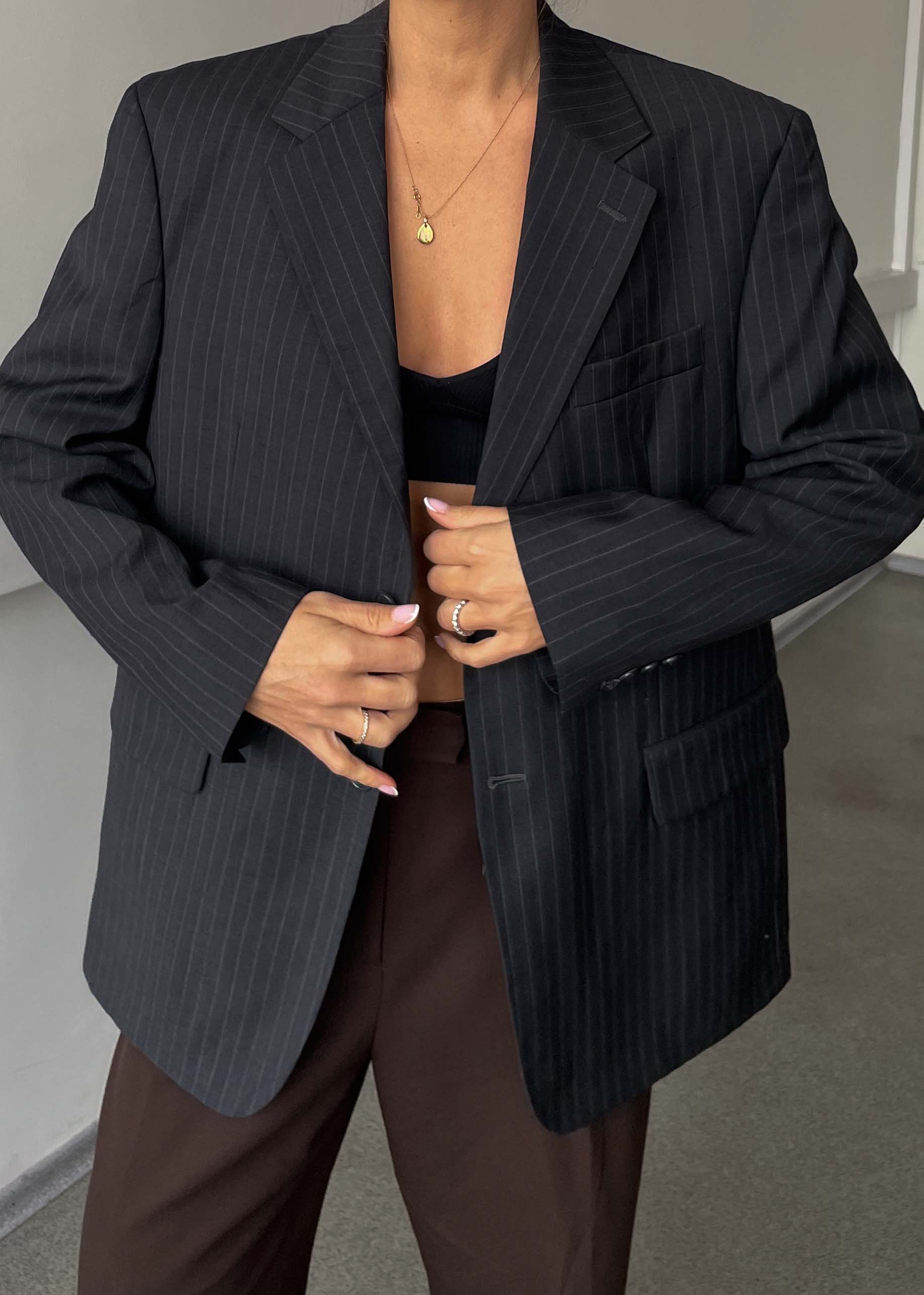 Vintage Grey Stripped 100% WOOL Oversized Blazer