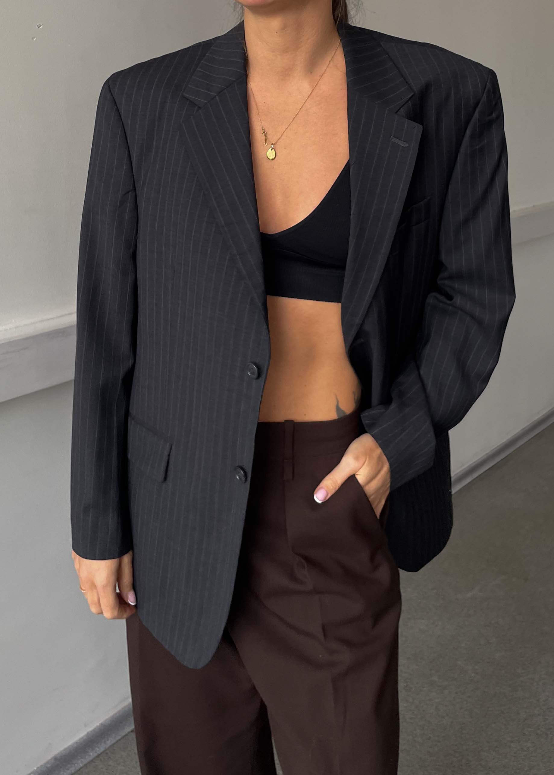 Vintage Grey Stripped 100% WOOL Oversized Blazer