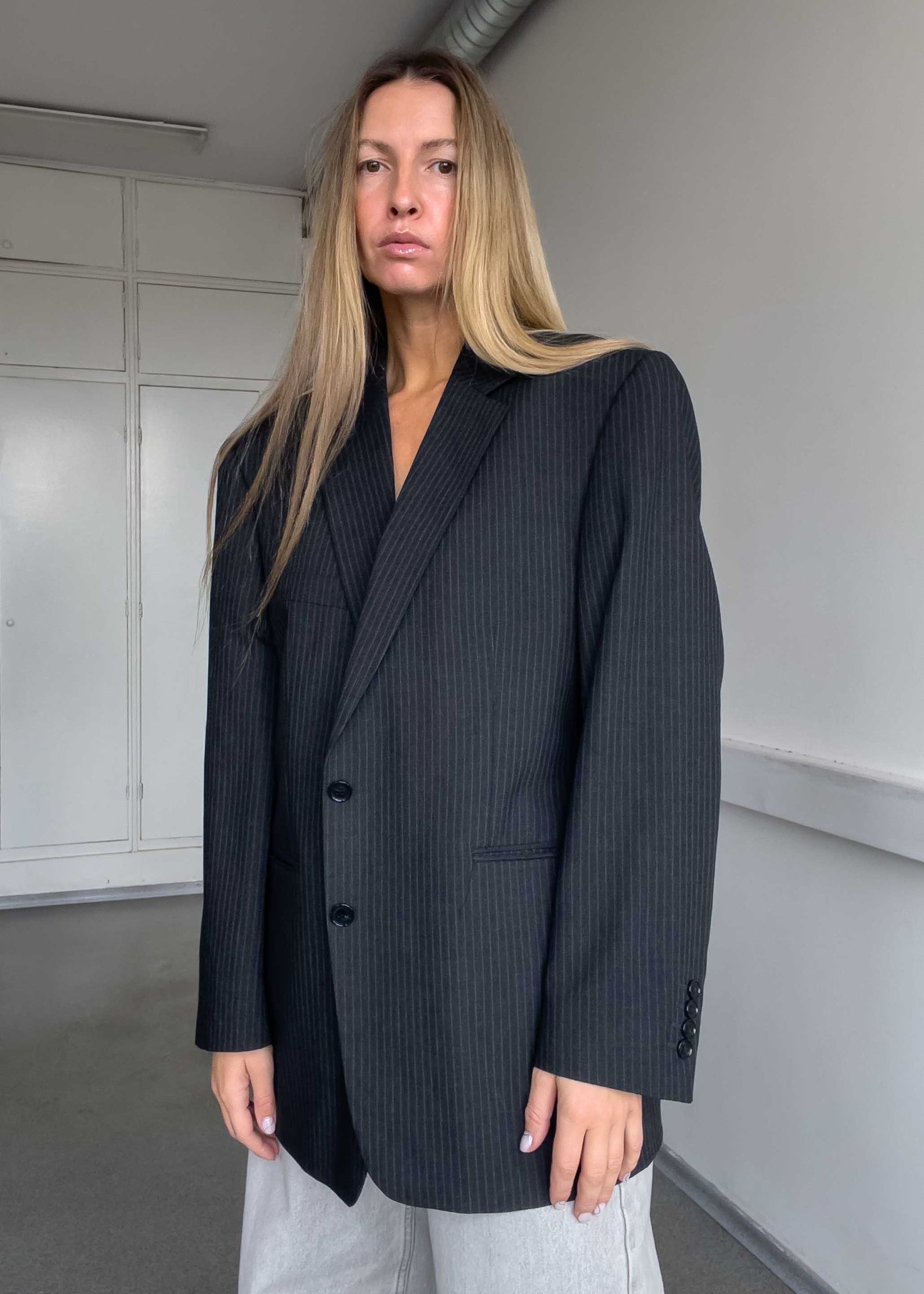 Vintage Dark Grey Stripy Oversized Blazer