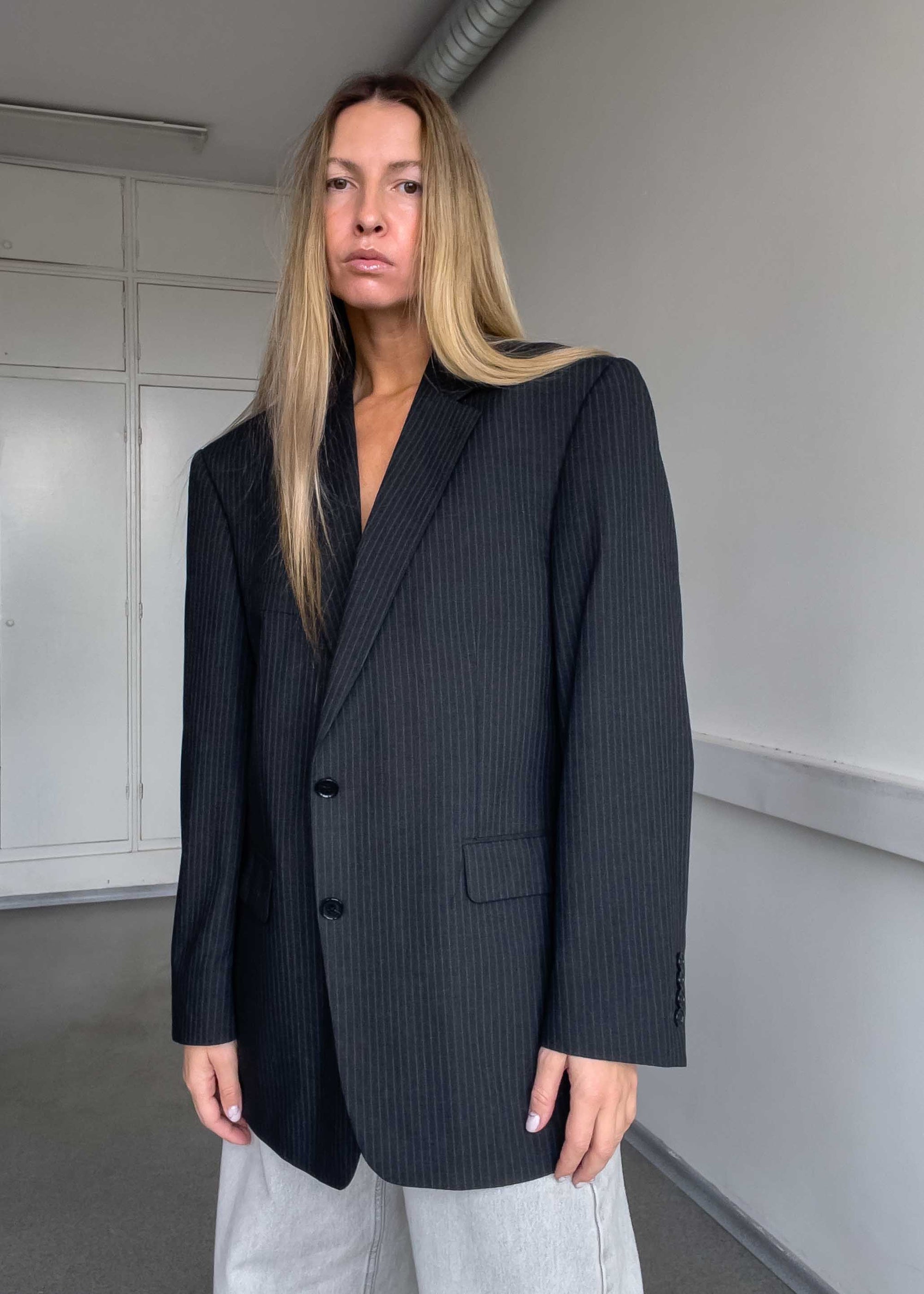 Vintage Dark Grey Stripy Oversized Blazer