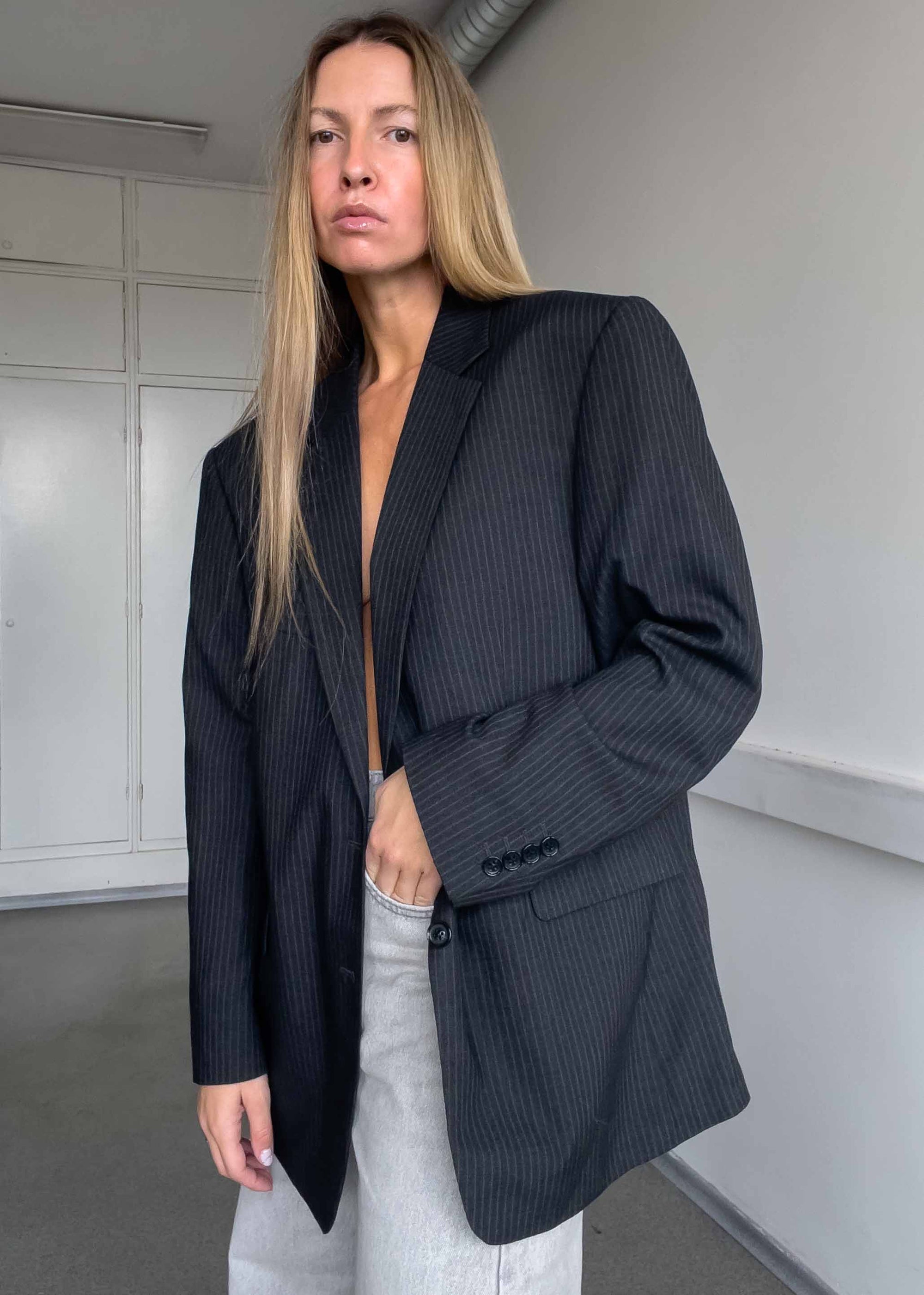 Vintage Dark Grey Stripy Oversized Blazer