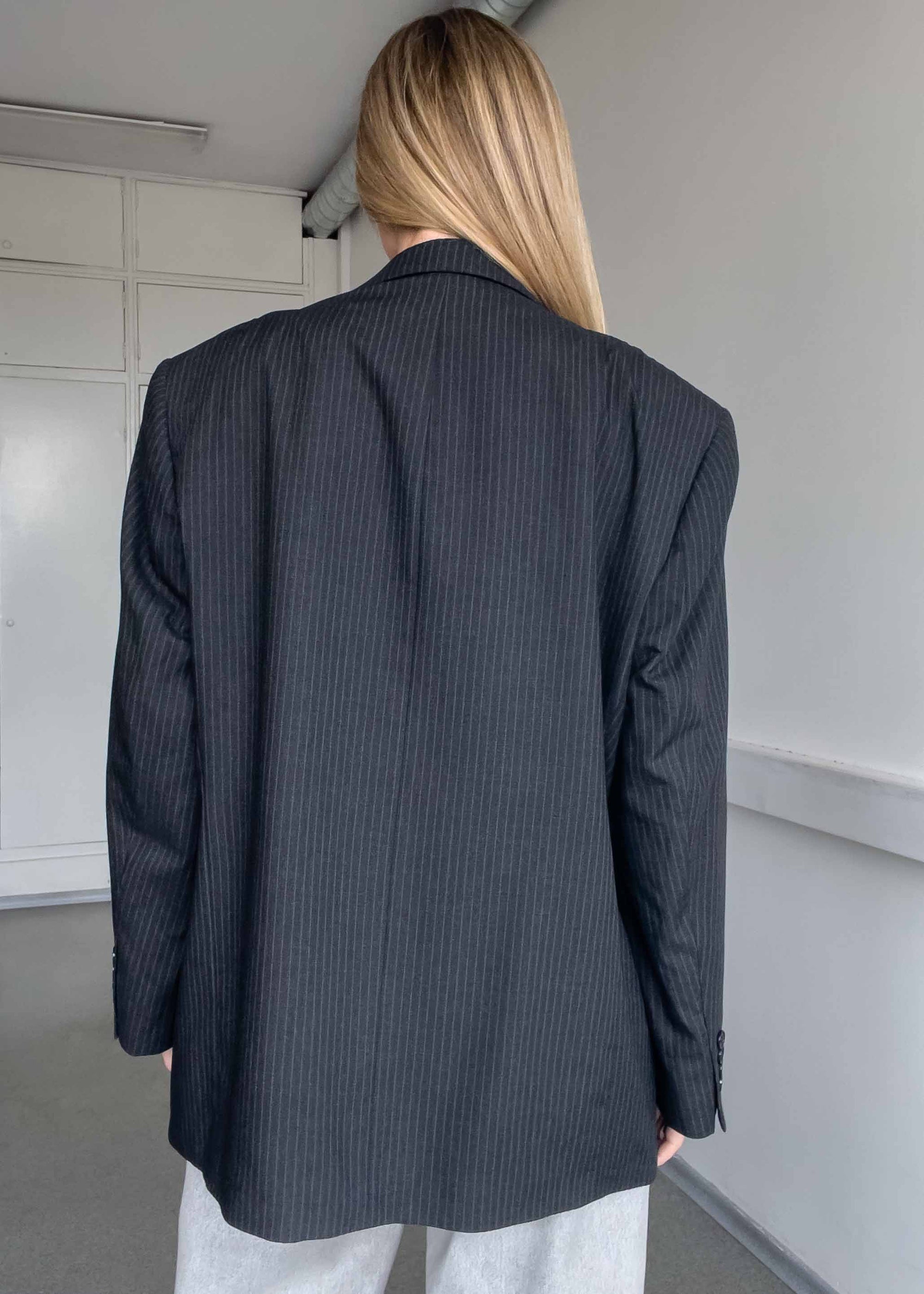 Vintage Dark Grey Stripy Oversized Blazer