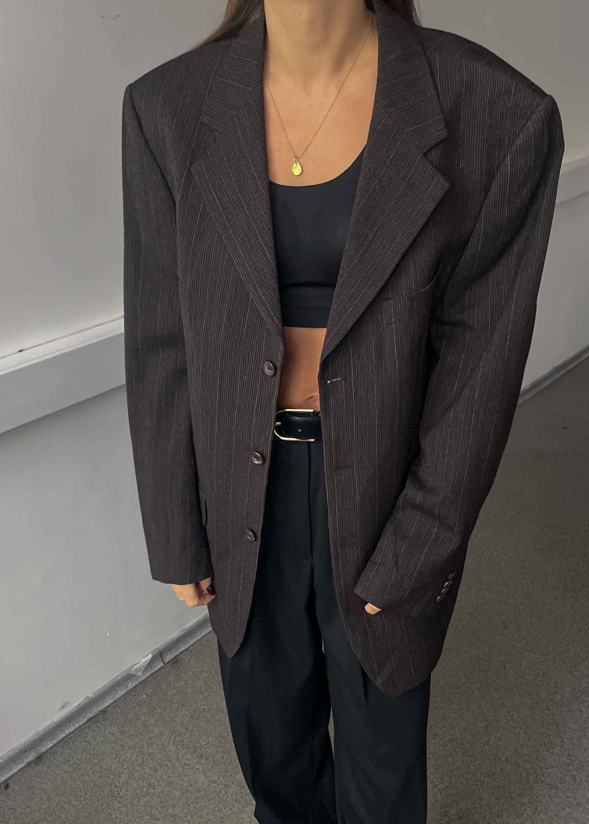 Vintage Dark Brown Striped Oversized 100% WOOL Blazer