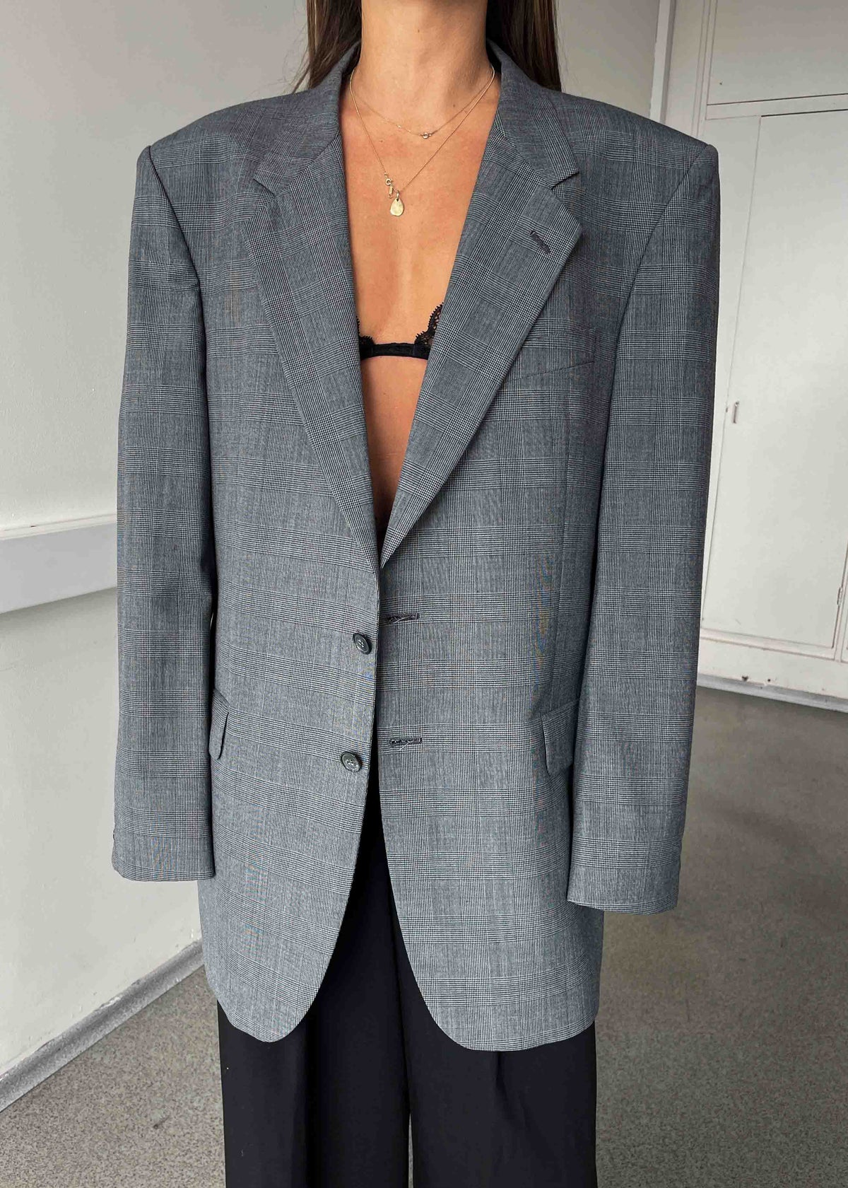 Vintage Grey Checked Oversized Blazer